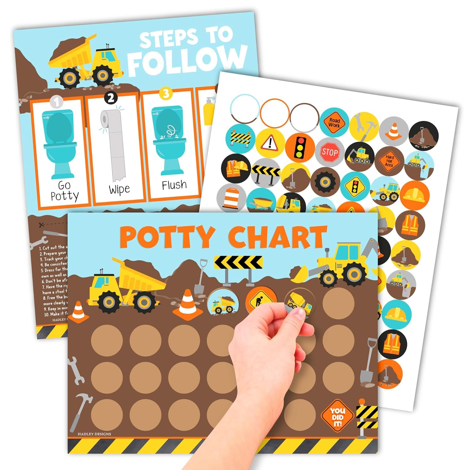 Hadley Designs Potty Training Chart for Toddlers Boys -10 Sticker Potty Chart for Toddlers Boys, 8.5×11″ Potty Training Sticker Charts for Toilet Success, Construction Toddler Reward Chart for Kids