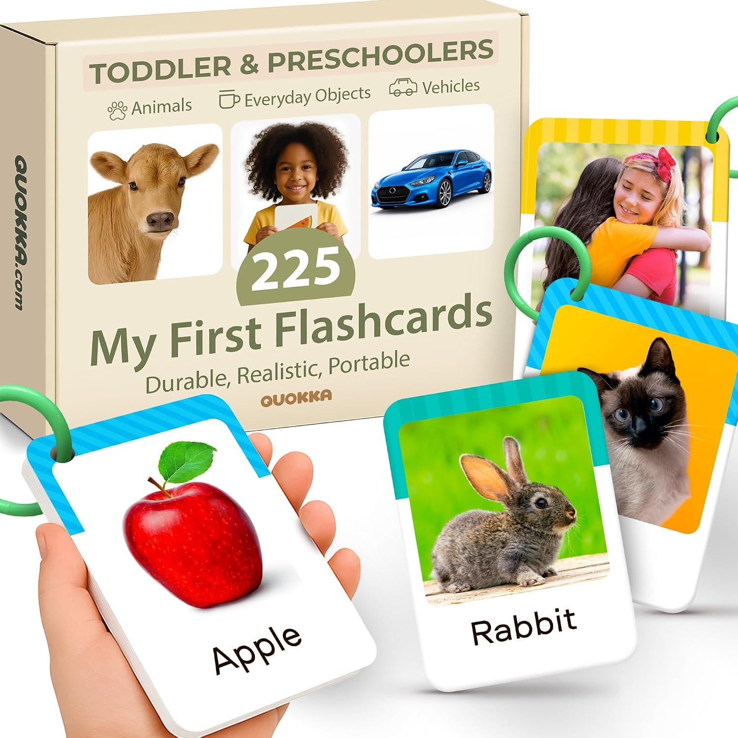 Flash Cards for Toddlers 1-3 – Montessori Toddler Flash Cards with Rings | 225 Realistic Learning Flash Cards — Alphabet, First Words & Animals — Portable for Car Rides, Stroller Walks and Travel