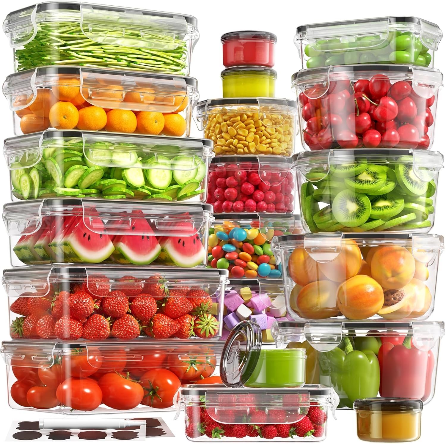 BiuLeon 40 PCS Food Storage Containers with Lids, Microwave/Dishwasher Safe | Airtight / BPA-free / Stackable / Meal Prep / Leakproof / Assorted Sizes / Labels & Pen / Reusable Plastic