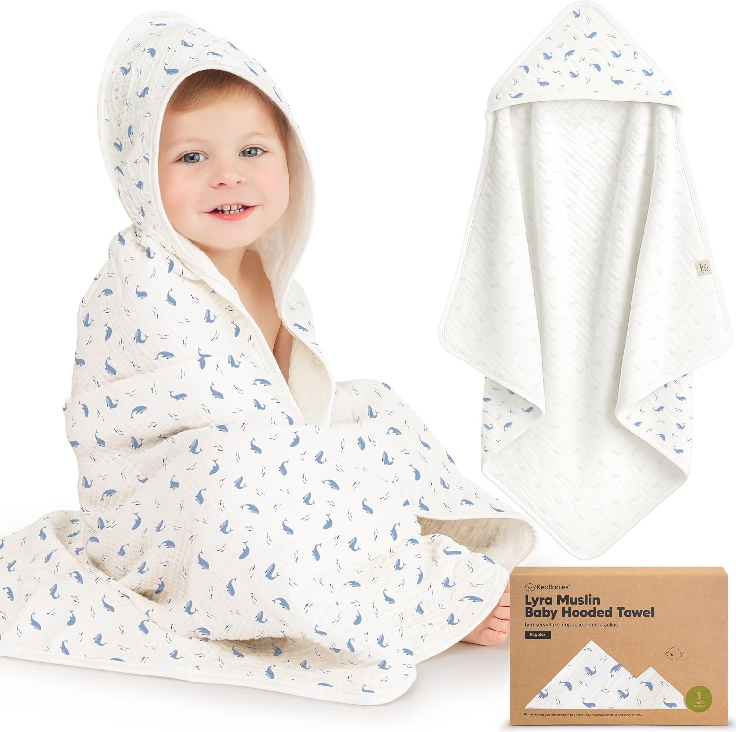 KeaBabies Muslin Baby Bath Towels with Hood for Girl Boy (Whale Bay, 35×35) | Soft Absorbent Organic Cotton, Large Hooded Baby Towels for Toddlers, Infant, Kids, Newborn, Baby Bath Essentials Gift Set