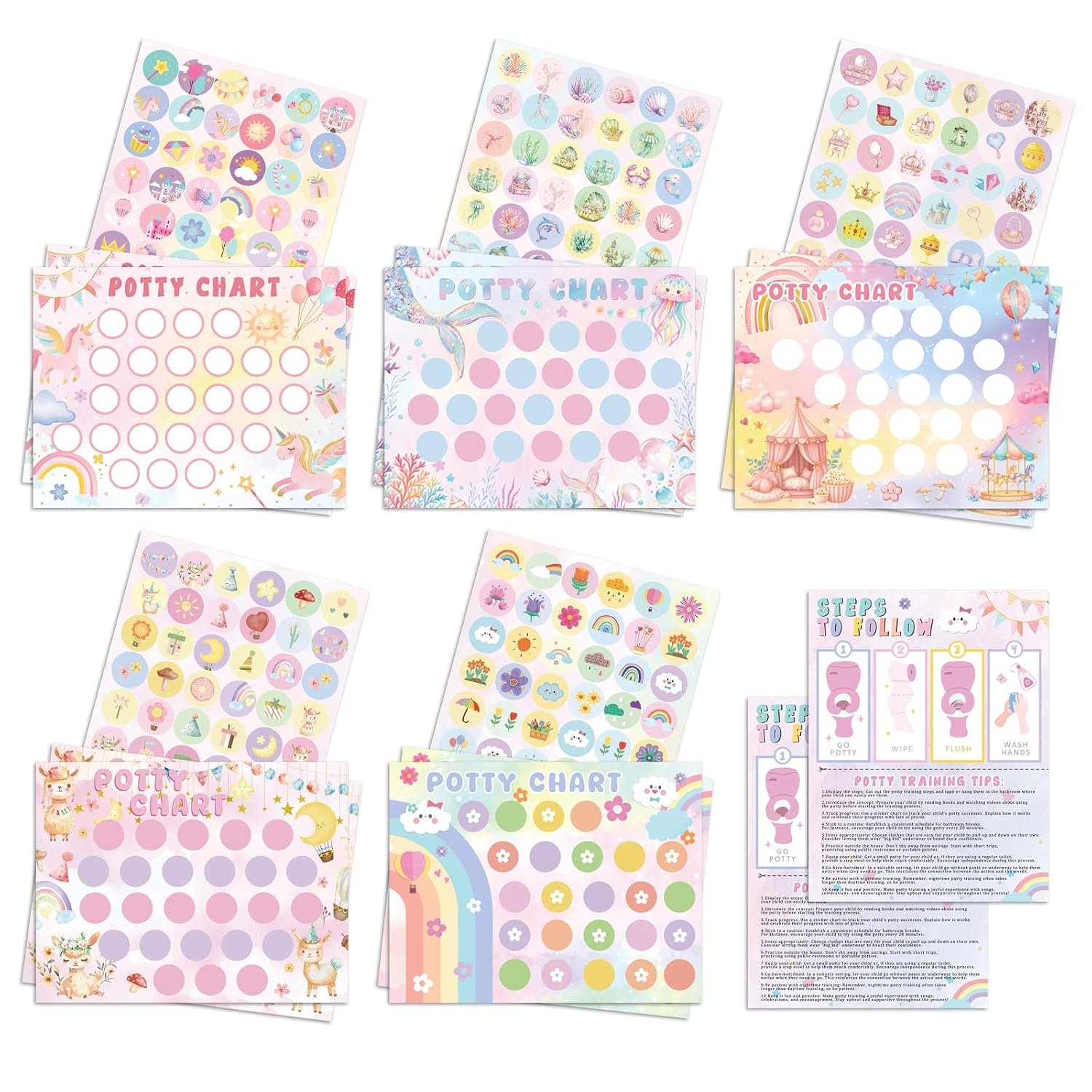 Potty Training Chart for Girls, 17 PCS Potty Training Sticker Chart Set, 5 Fantasy Themes Potty Chart Including Unicorn, Mermaid, Princess, etc.