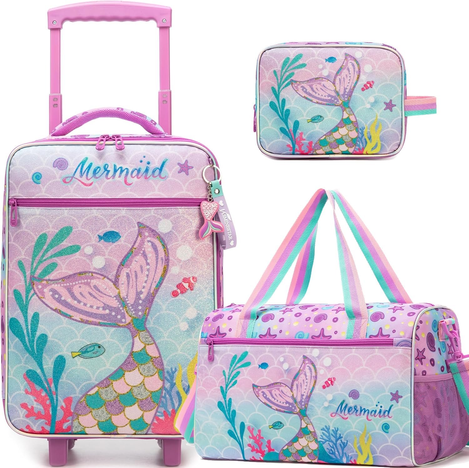 Kids Luggage Set with Wheels Girls Cute Mermaid Travel Softside Suitcases 16″ Carry on Suitcase with Duffle Bag Girls Luggage Sets Airline Approved