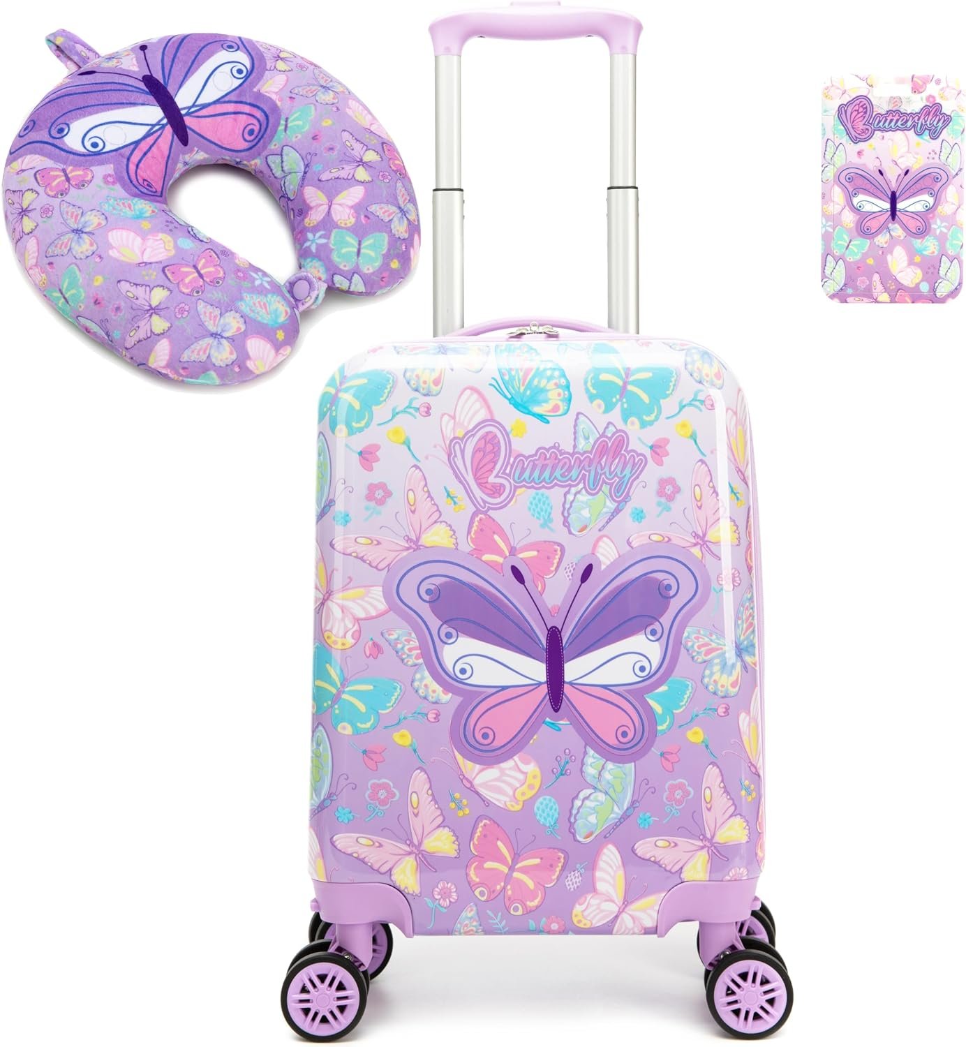 Kid’s Luggage Set 2 Piece Suitcase Set 16″ Hardside Luggage with Spinner Wheels Girls Carry on Toddler Travel Rolling Suitcase with Neck Pillow Airline Approved