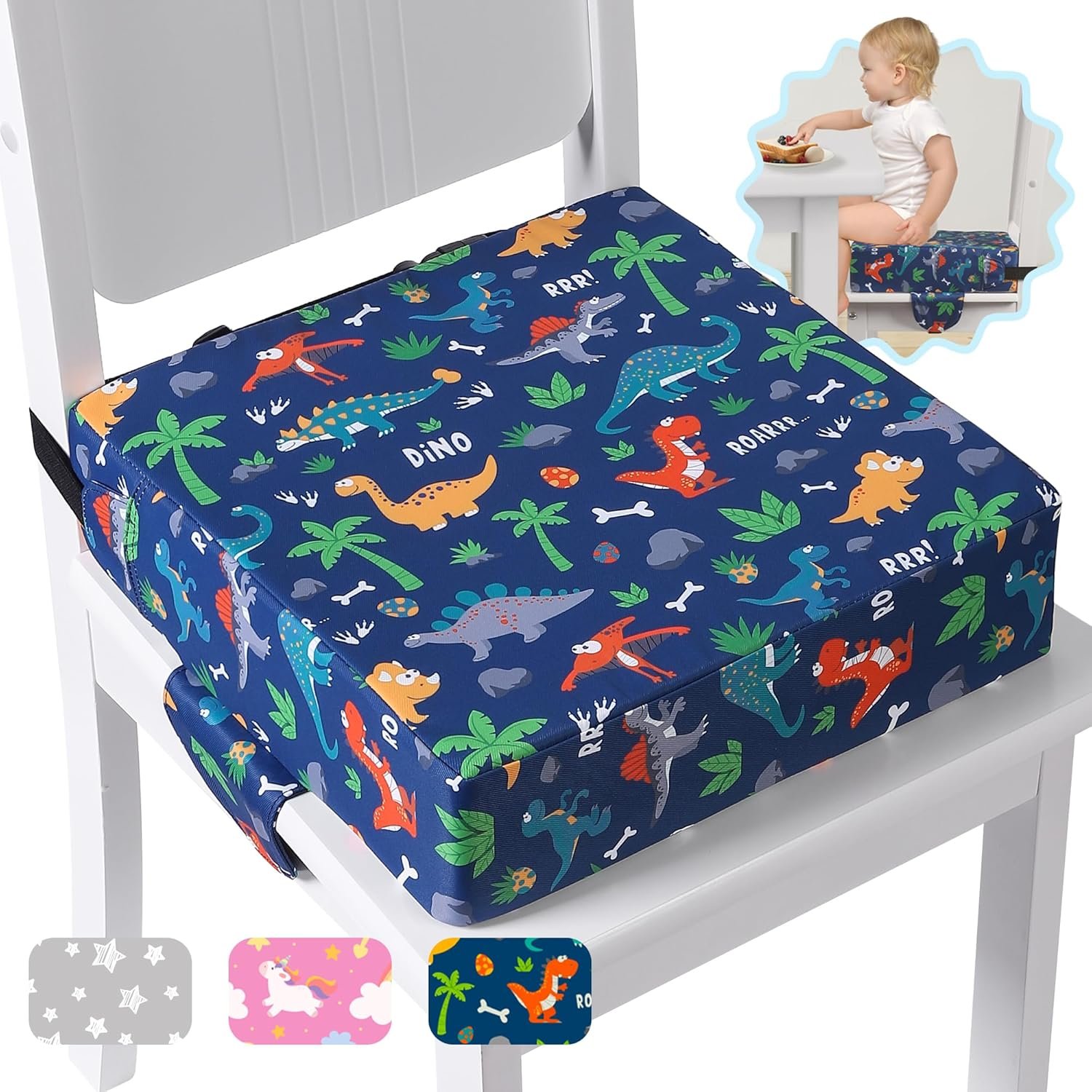 Booster Seat for Kitchen Chair, Toddler Booster Seats for Dining Table with Adjustable Straps Portable for Travel Camping Eating, Booster Cushion for Table for Baby Child Infant Kid Boy Girl