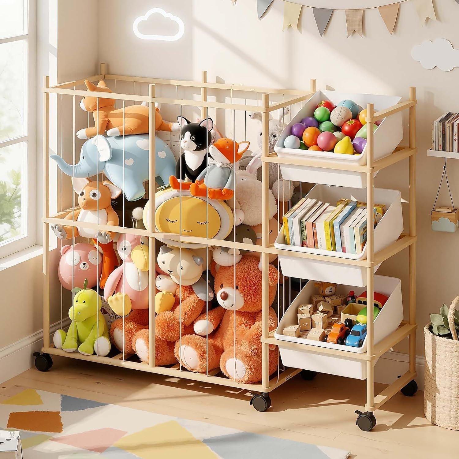 Sevenblue Toy Storage Organizer with 3 Removable Bins, Kids Storage Toy Shelf Organizer for Stuffed Animal Holder for Bedroom Playroom Nursery | Wood & White