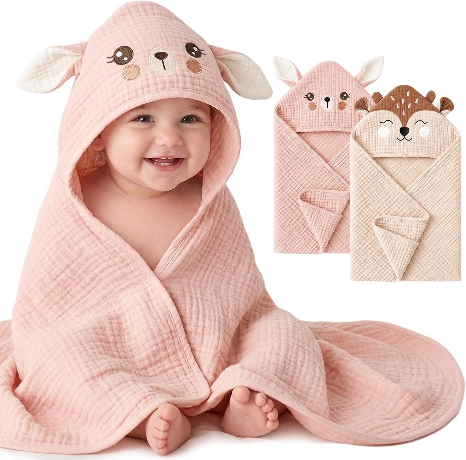 Konssy 2-Pack Muslin Baby Towels with Animal Hooded Design, 32 x 32 in | 100% Cotton, Super Soft & Absorbent Bath Towel Set for Newborns, Infants & Toddlers (Bunny, Deer)