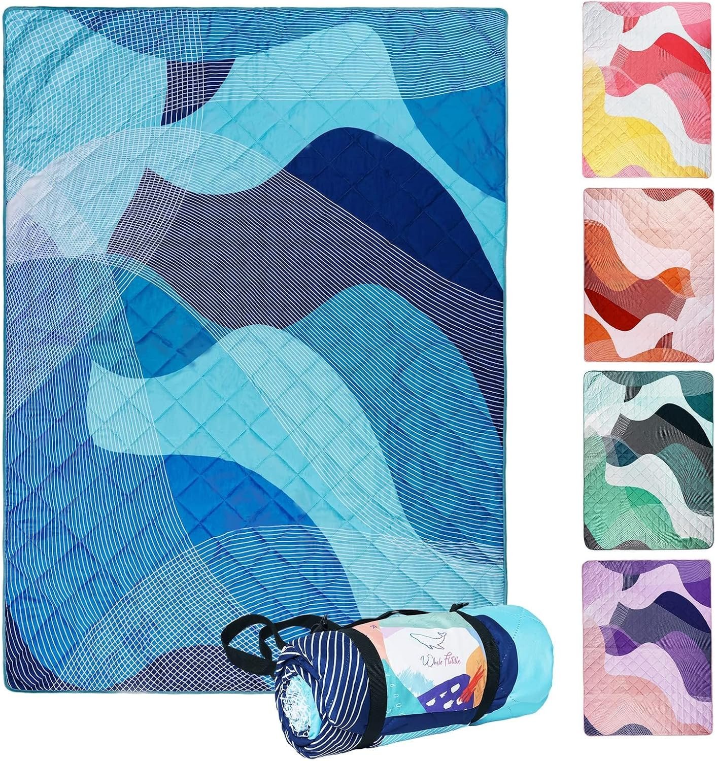 Whale Flotilla Extra Large Waterproof Picnic Blankets 60″x80″, Foldable Lightweight Outdoor Blanket for Camping, Hiking, Traveling, Soft Portable Easy to Clean Picnic Mat for Beach Grass Park, Blue