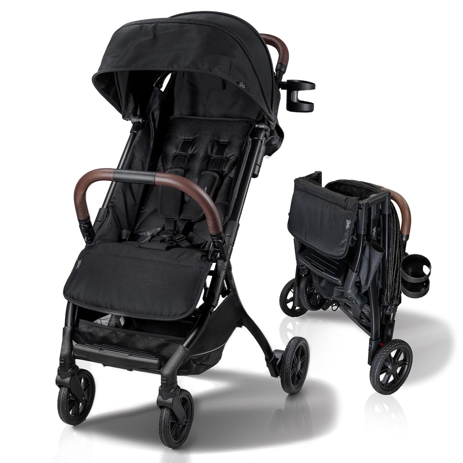 Strolee Lightweight Baby & Toddler Stroller, Ultra Compact, Airplane-Friendly Travel Stroller, One-Handed Fold, Near Flat Recline, X-L Canopy & Parent Cup Holder -LinQ (v2 Midnight Black)