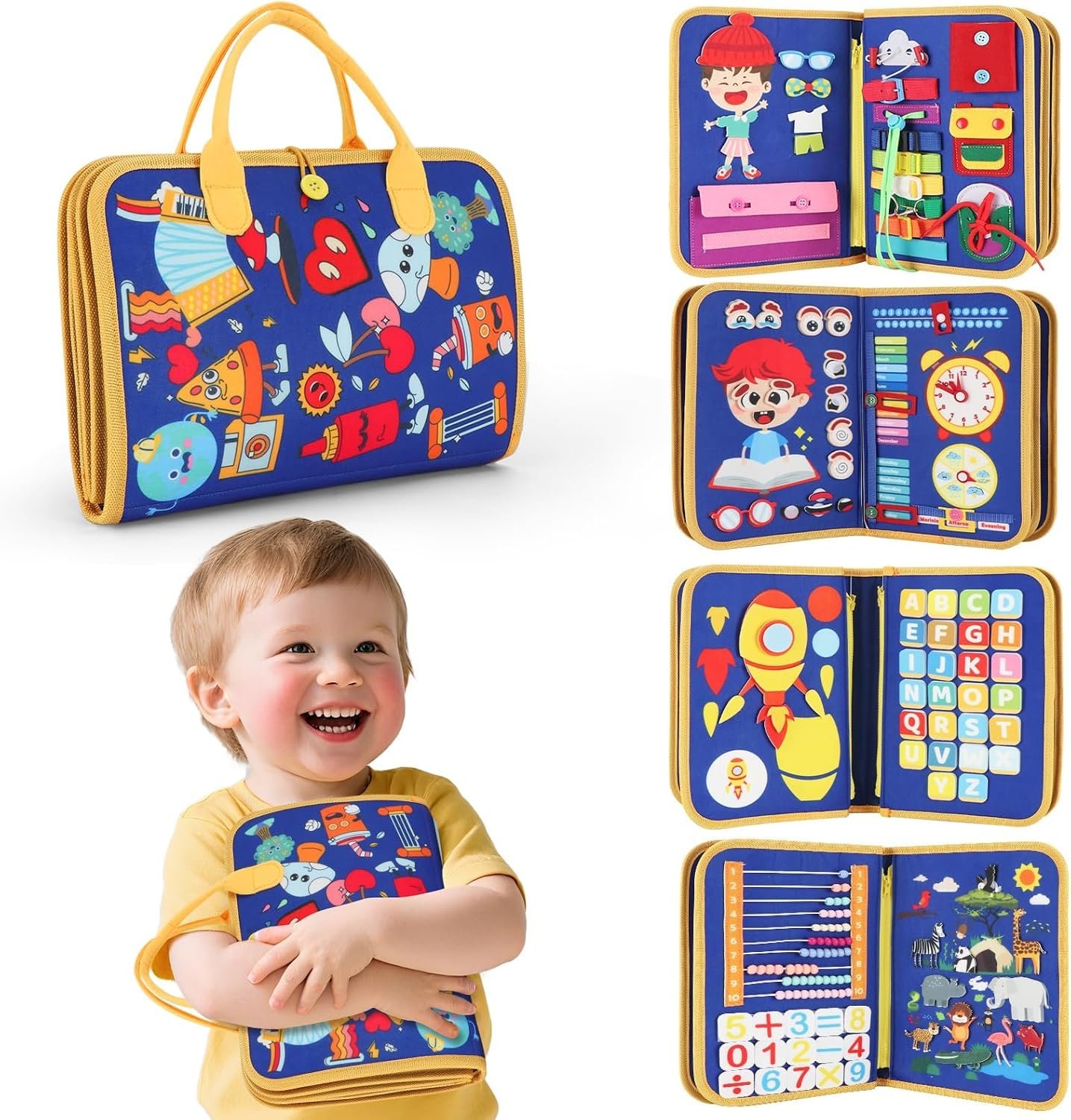 Montessori Busy Book 3-5, 12-in-1 Sensory & Fine Motor, Travel Gift