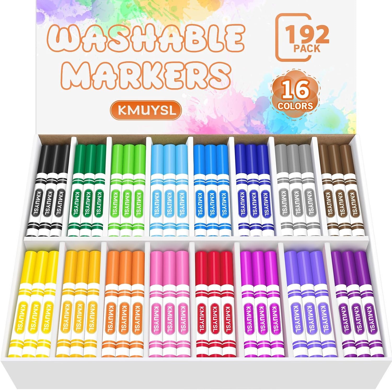KMUYSL Washable Markers Bulk, 16 Assorted Colors – Broad Line Conical Tip Coloring Markers, School Art Supplies, Back to School Essentials & Teacher Classroom Must Haves (192 Pcs)