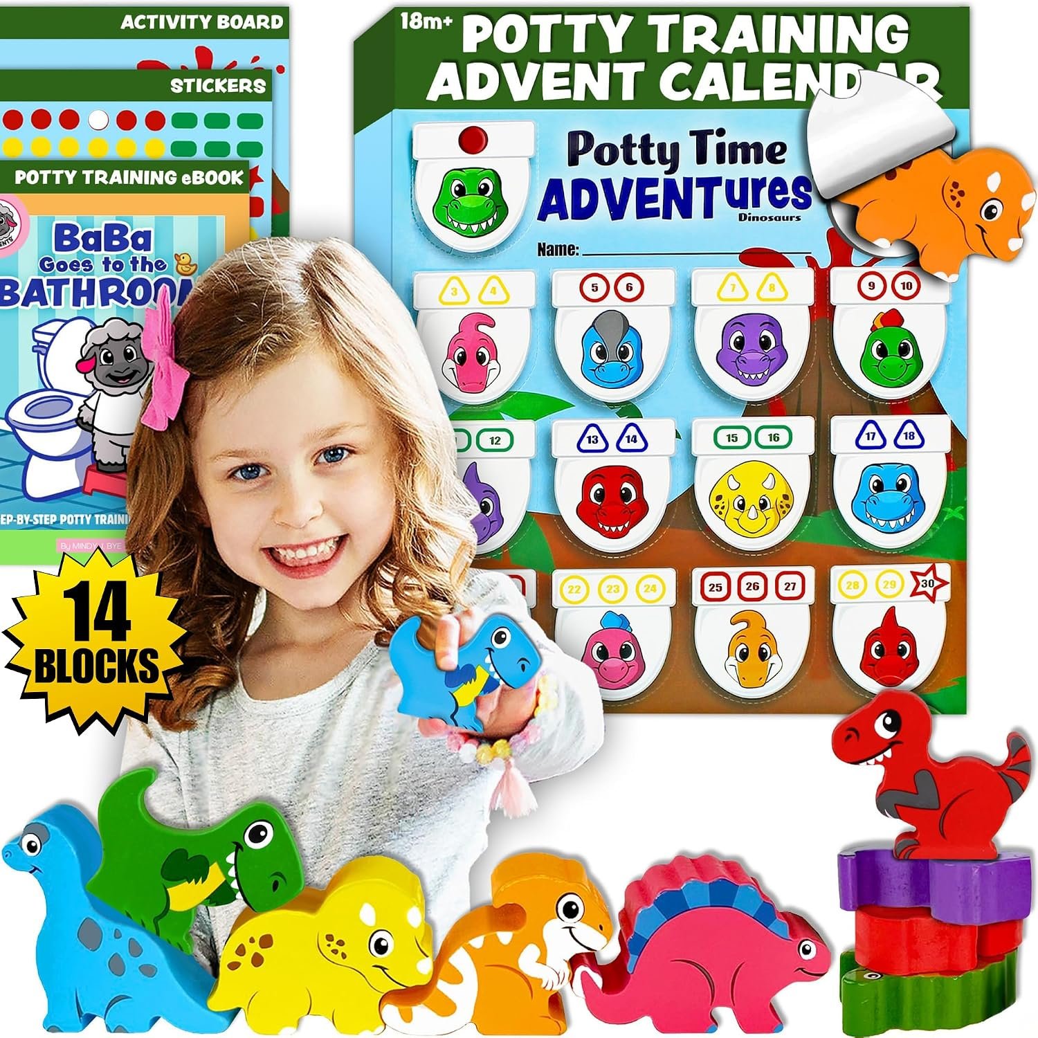 LIL ADVENTS Potty Time Adventures, Potty Training System, Dinosaurs | 14 Wooden Stacking Blocks, Montessori Toys, Daily Reveals, Activity Board, Stickers, Non Toxic, For Toddlers Ages 18 Months+