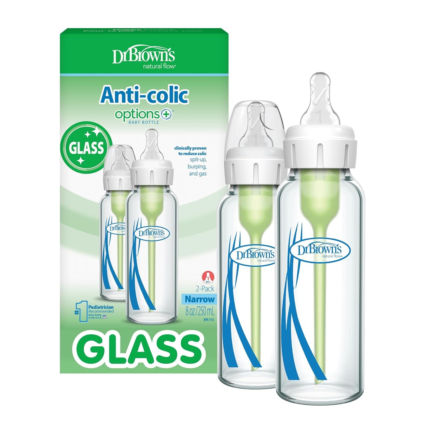 Dr. Brown’s Anti-Colic Options+ Narrow Glass Baby Bottle with Level 1 Slow Flow Nipple, BPA-Free, 8 oz/250 mL, 0m+, 2-Pack (Packaging May Vary)