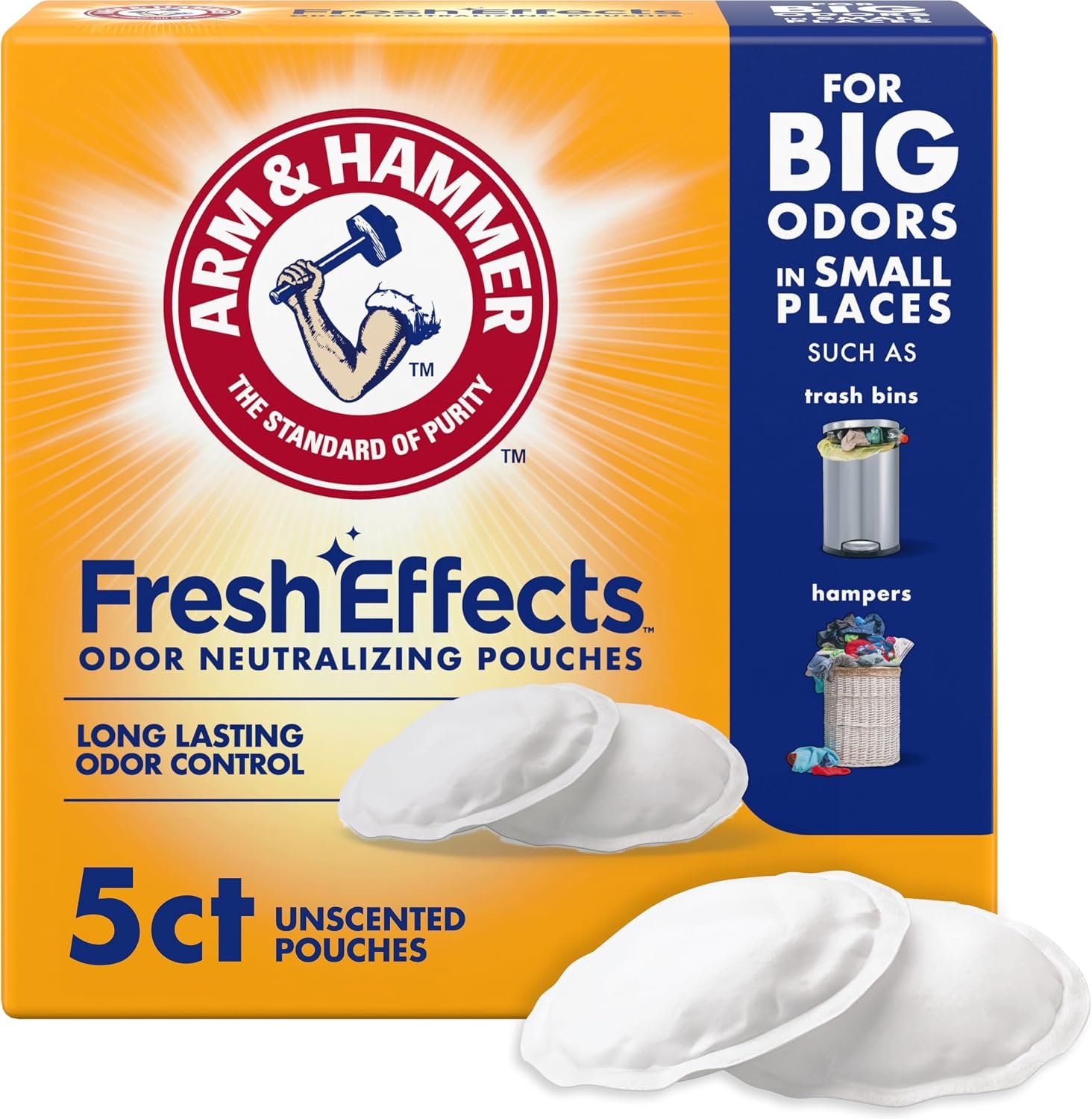 ARM & HAMMER Fresh Effects Odor Neutralizing Baking Soda Pouches, 5 Count | Long-Lasting, Fragrance-Free, For Shoes, Cars, Home & Small Spaces, Odor Absorber