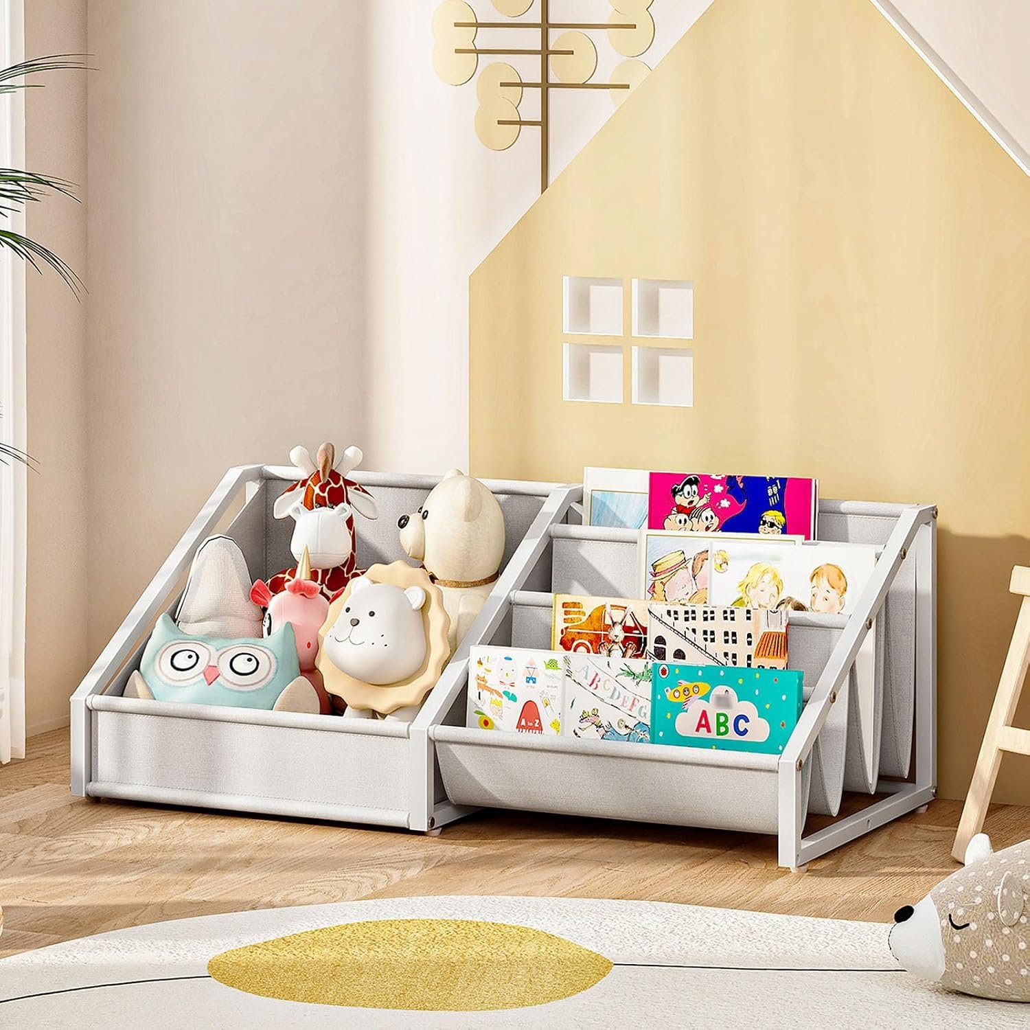 CHOEZON Kids Bookshelf with Toy Storage & 4-Tier Oxford Fabric Book Rack Organizer, Toddler Bookcase for Nursery, Bedroom, Playroom, Child’s Room, White TCW18WB