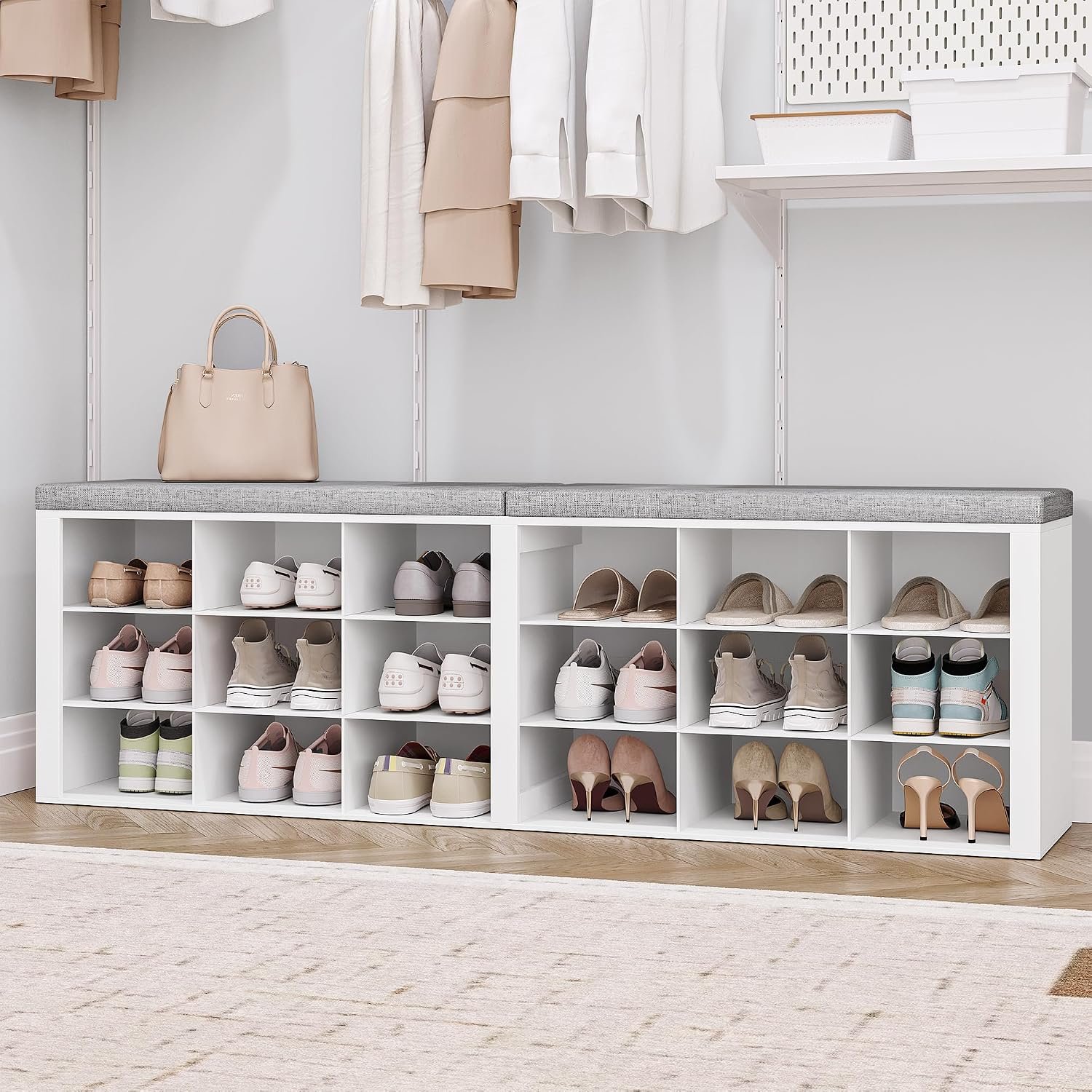 Hzuaneri Shoe Storage Bench with Cushion, Entryway Storage Bench with 18 Cubbies, 9.5″ Widened Organizer Cabinet, Long Cubby Rack for Living Room, Bedroom, Entryway, White SB25703GY | 9.5″ Widened Organizer Cabinet, large Cubby Shoe Rack for Living Room, Bedroom, Entryway, Mudroom, White SB25703GY