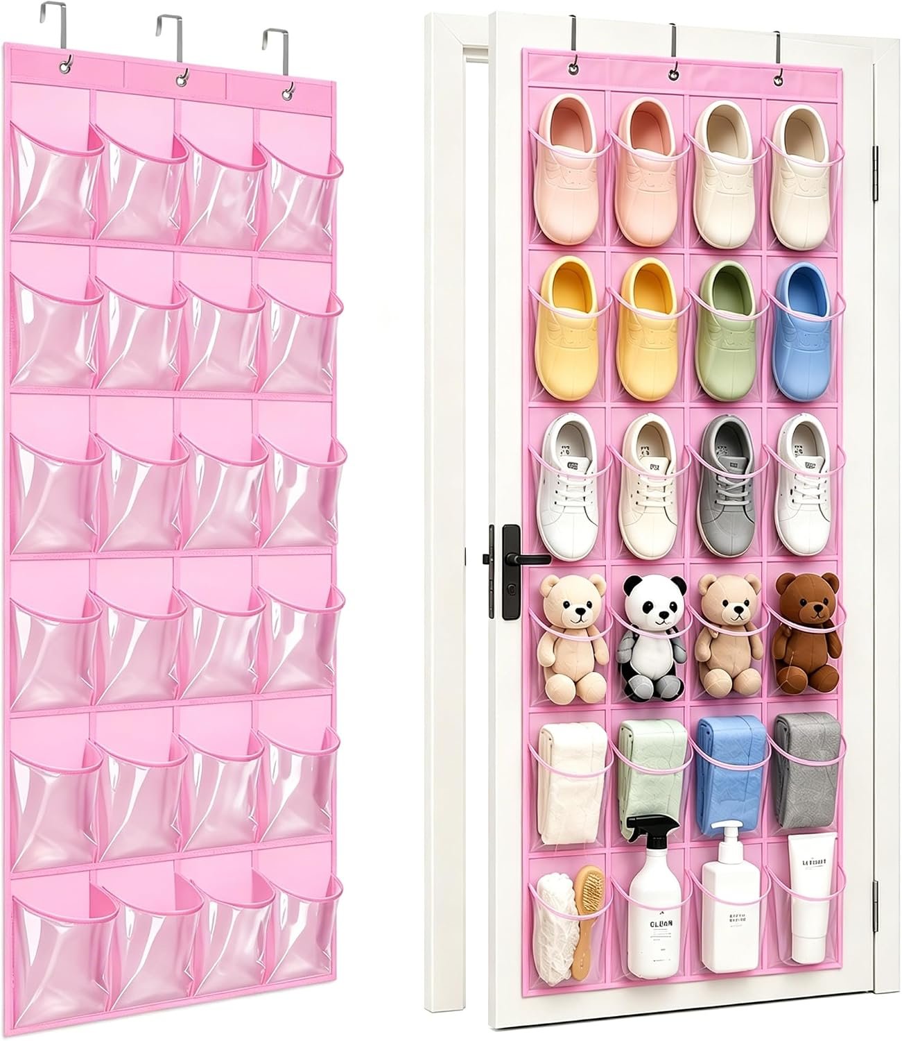 Over-the-Door Kids Shoe Organizer, Pink Shoe Rack for Door, 24 Crystal Clear Pockets, Heavy-Duty Hanging Organizer, 3 Metal Hooks for Toddler Shoes