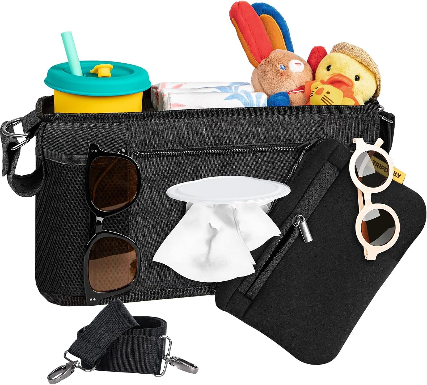 Parent Console Fits for Wonderfold W2&X2, Wagon Stroller Organizer with 2 Insulated Cup Holders, Multiple Storage Pockets, Detachable Pouch, Removable Shoulder Strap, Essential of Family