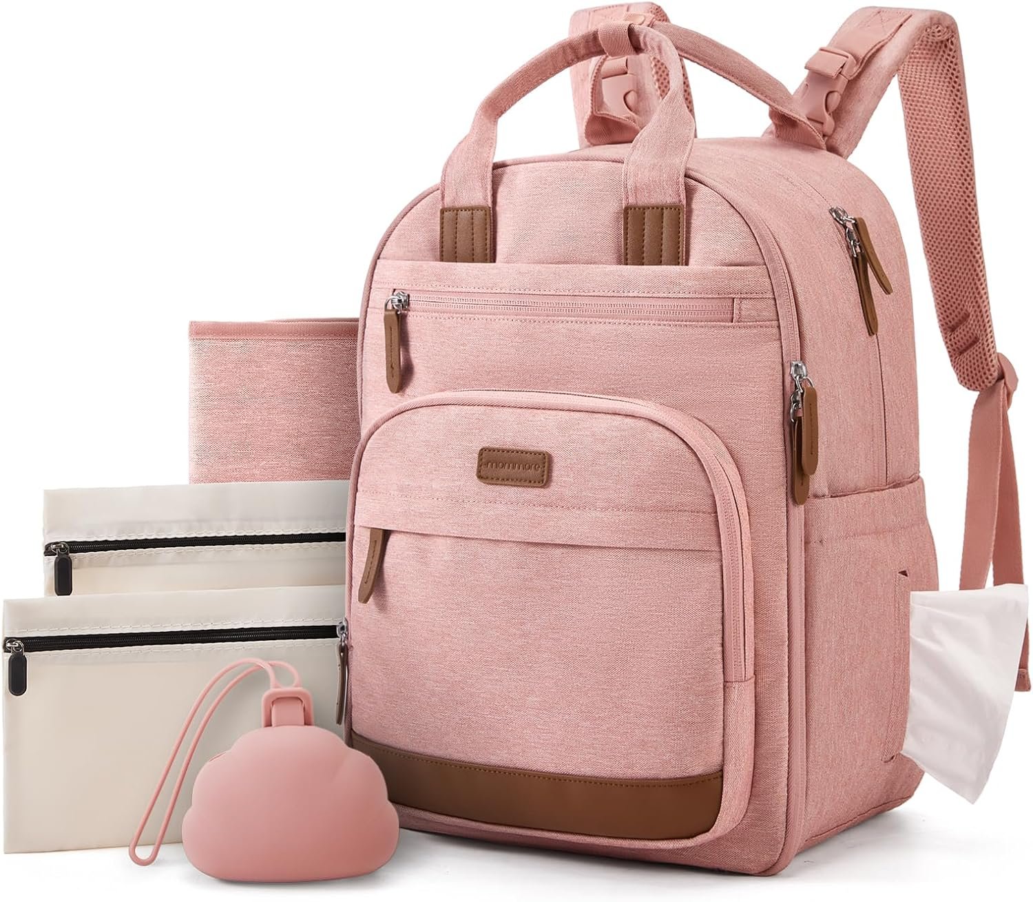 mommore Diaper Bag Backpack, Insulated & Waterproof, Stroller Straps, Pink