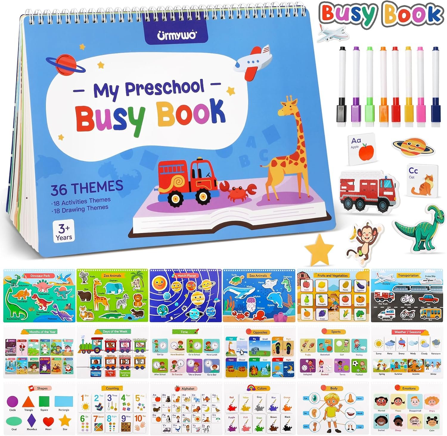 Busy Book for Toddlers 3-5, 36 Montessori Preschool Learning Activities | 36 Activities with Matching, Tracing and Coloring, Plus 8 Markers and 184 Stickers for Travel, Homeschool and Quiet Time
