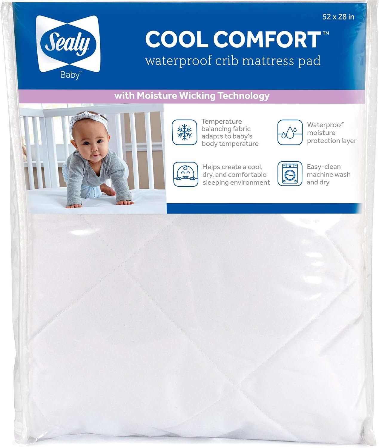 Sealy Baby Crib Mattress Protector – Infant and Toddler Pad, Waterproof, Cooling, Breathable, Machine Washable and Easy to Clean, 52×28