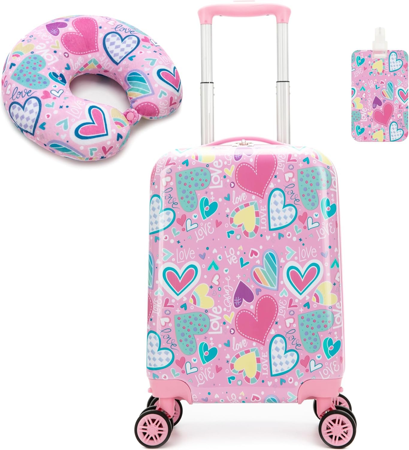 Kid’s Luggage Set 16inch 2 Piece Suitcase Set Hardside Luggage with Spinner Wheels Girls Carry on Toddler Travel Rolling Suitcase with Neck Pillow Airline Approved