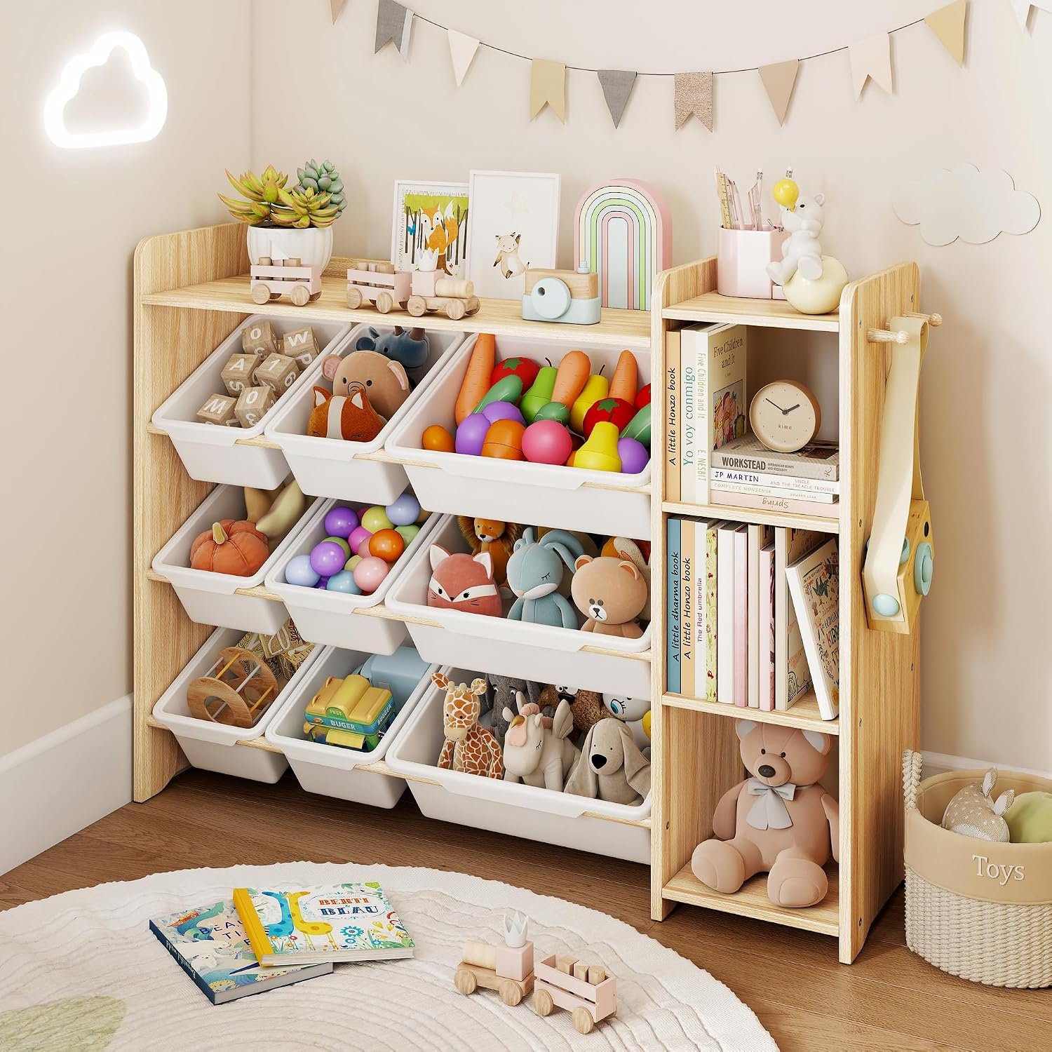 DOREROOM Toy Storage Organizer with Bookshelf, Kids Toy Storage and Organizers with 3 Shelves/9 Bins/3 Hooks, Bin Shelf, Toy Organization for Playroom, Nursery, Bedroom, Toddler Room | Wood & White