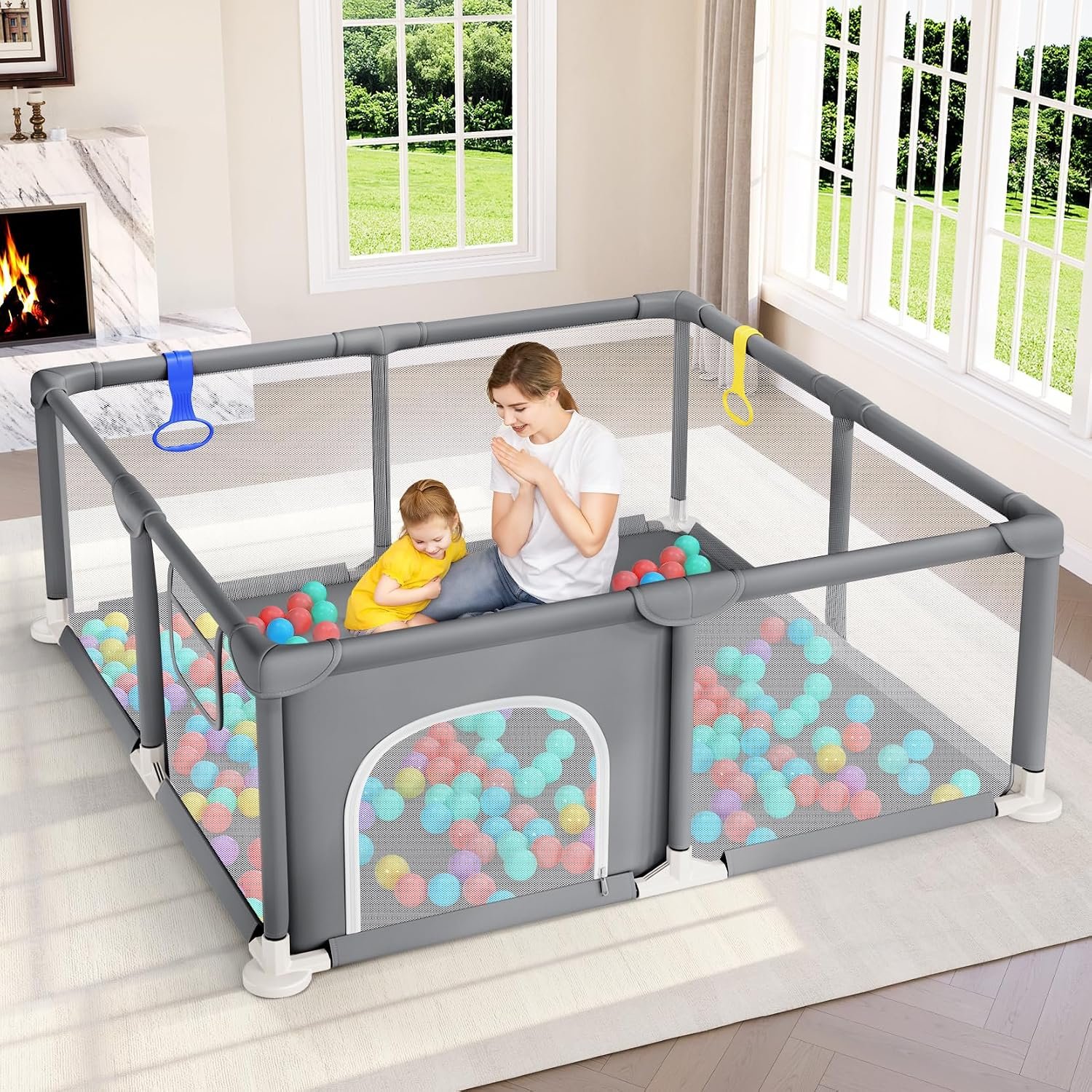 Dripex Baby Playpen, 47″x47″ Small Play Pen for Babies, Grey | Breathable Visible Mesh, Anti-Fall Design, Easy Setup, Indoor/Outdoor Use