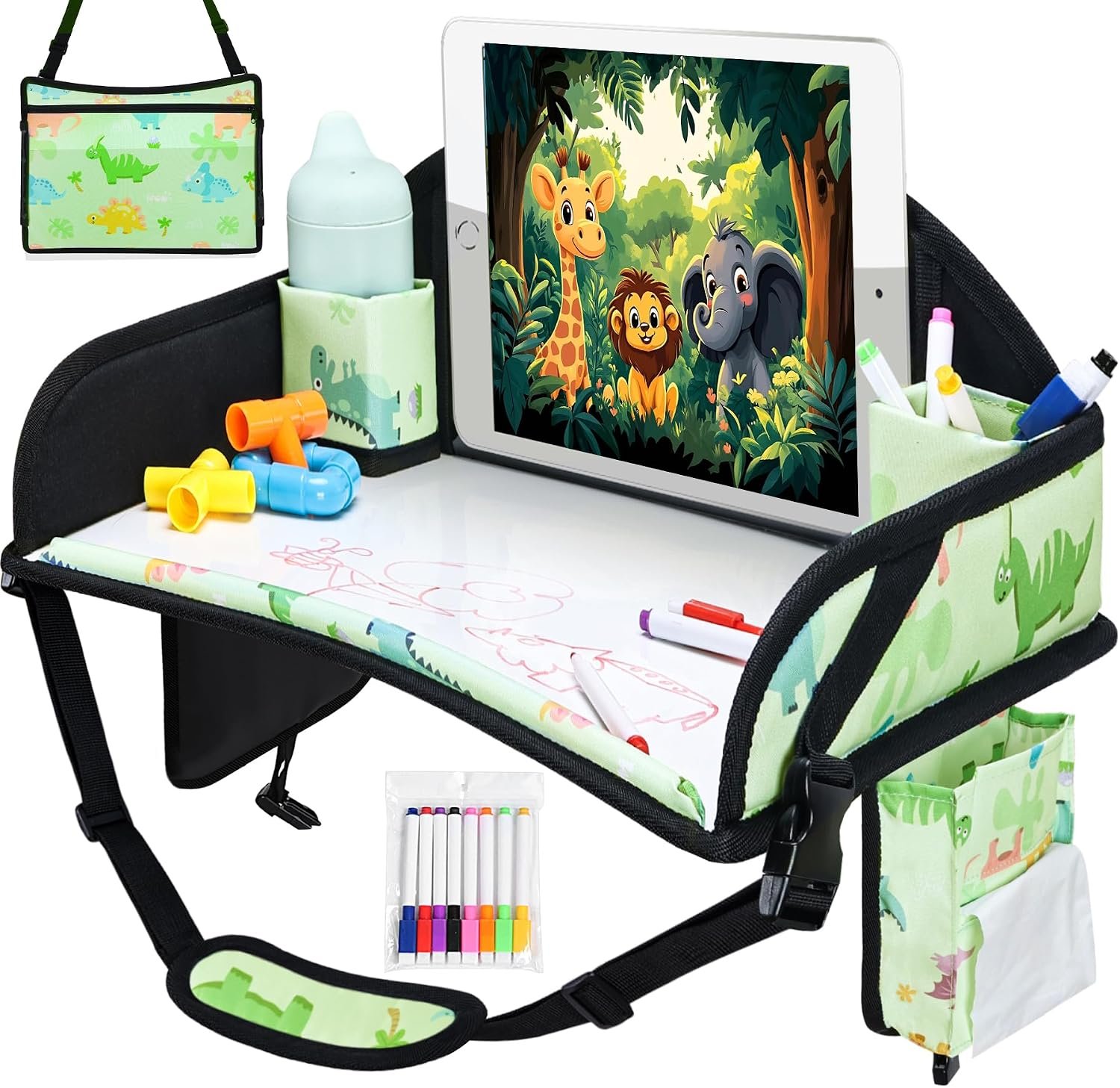 Car Seat Tray,Toddler Road Trip Essentials With Drawing Kit | Road Trip Essentials Accessories Lap Tray with iPad Holder Stand & Dry Erase Board as Travel Gifts for Kid,Green
