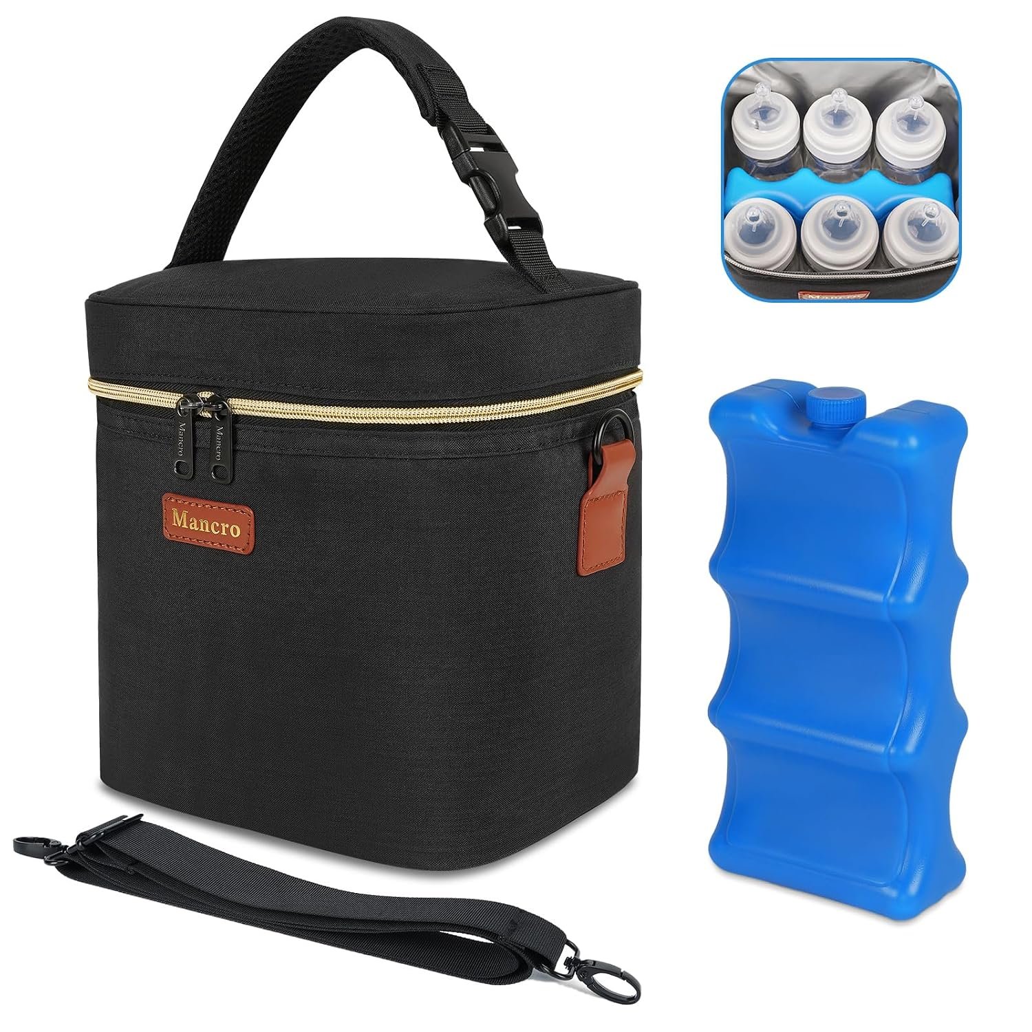Mancro Breastmilk Cooler Bag with Ice Pack Fits 6 Baby Bottle Up to 9 Ounce | Insulated Baby Bottle Bag, Breast Milk Cooler on The go with Strap, Bottle Storage Bag for Nursing Mom Daycare, Black