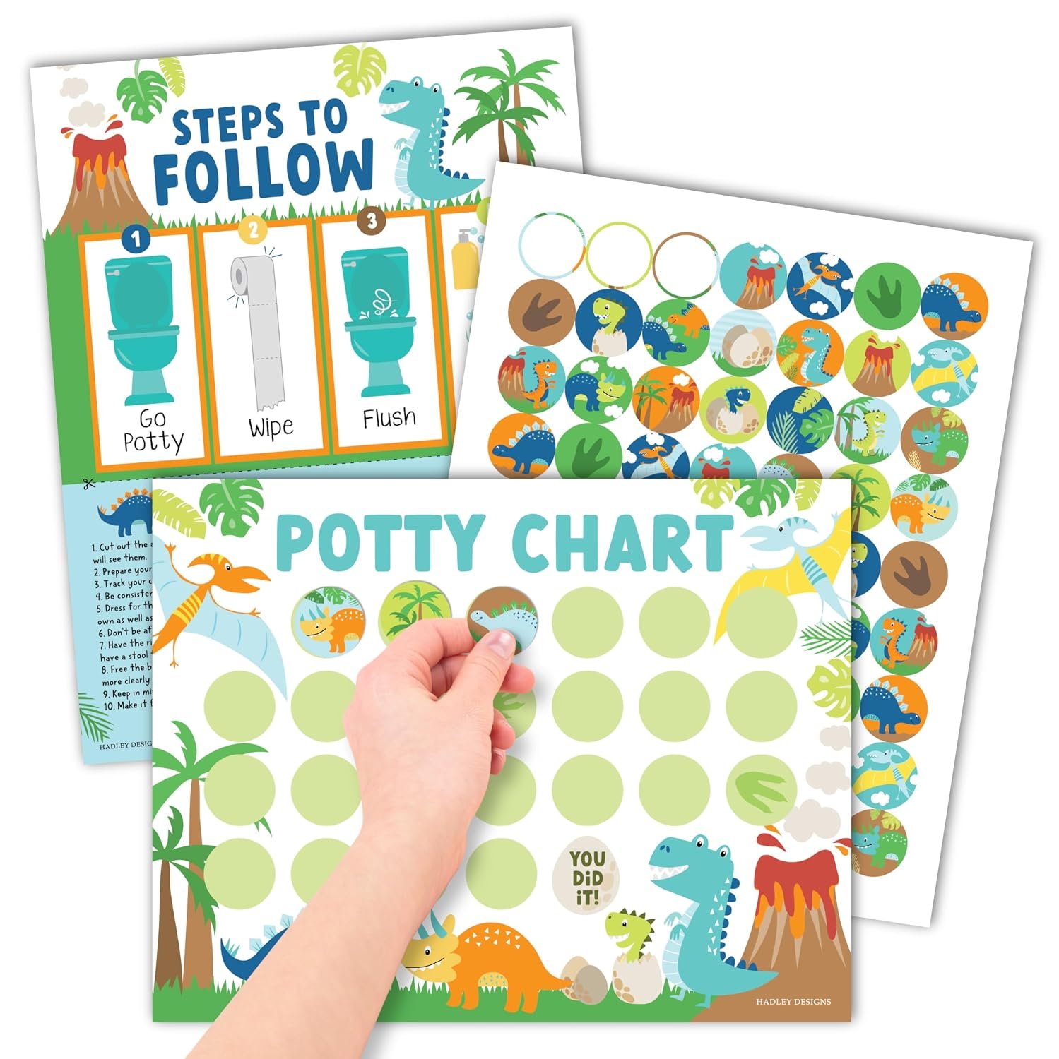 Hadley Designs Potty Training Chart for Toddlers Boys -10 Sticker Potty Chart for Toddlers Boys, 8.5×11″ Potty Training Sticker Charts for Toilet Success, Dinosaur Toddler Reward Chart for Kids