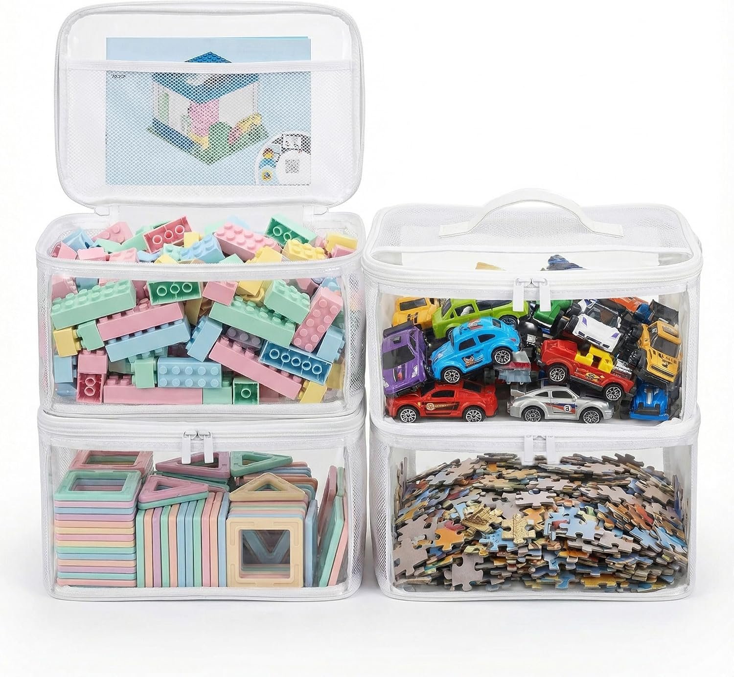 holay 4 Pack Clear Toy Storage Bags with Zipper & Handle, Board Game Bins | Reinforced base stands upright; clear PVC front; holds toys, board games & busy bags; foldable for playroom & travel
