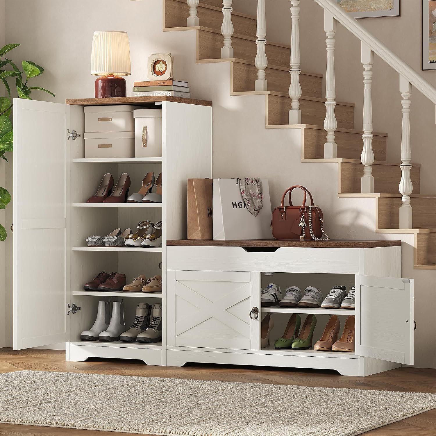 47” Shoe Cabinet with Bench Seat, 7-Tier Shoe Storage Bench for Entryway with Adjustable Shelves, Hidden Lift Top Storage and 0.7” Top Panel for Hallway Entrance, White