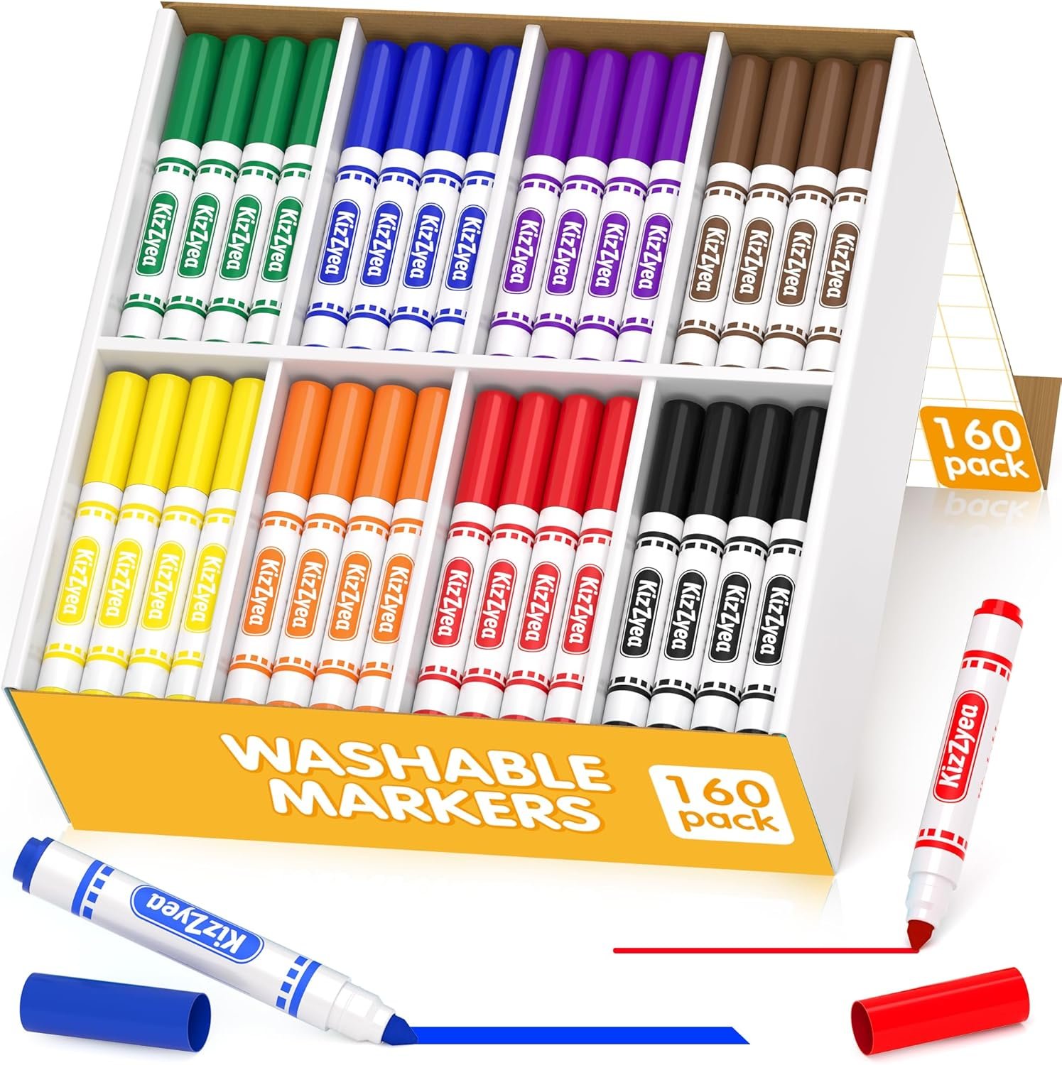 KIZZYEA Washable Markers Bulk, 8 Colors, 160 Count, Markers for Kids | Assorted Colors, Broad Line Conical Tips, Classroom Essentials for Teachers, Back to School Supplies, School Art Projects