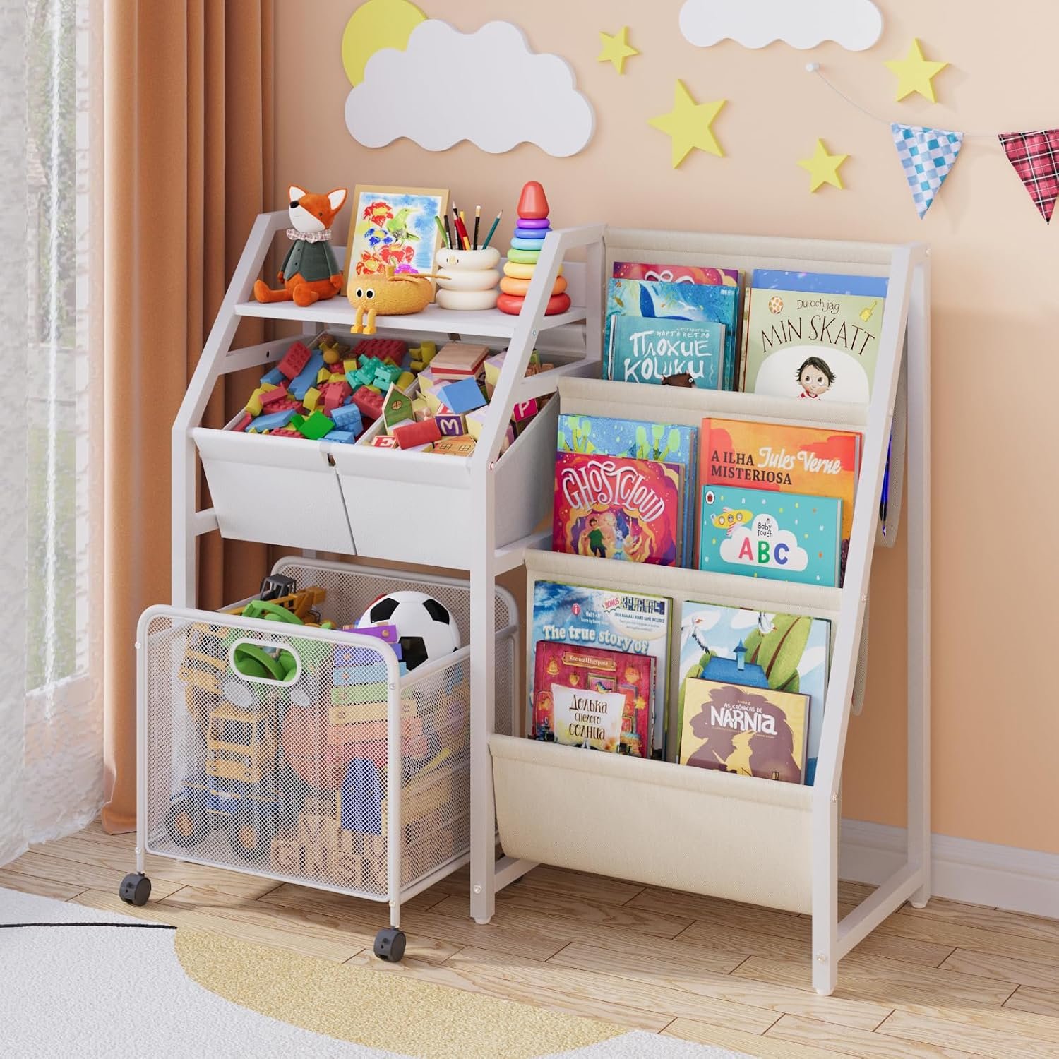 Kids Bookshelf and Toy Storage Organizer – 3 Tier Book Shelf for Kids Rooms with Movable Drawer, Kid Bookcase with 2 Toy Bins, Toddler Baby Childrens Bookshelf, for Bedroom Playroom Classroom (White)