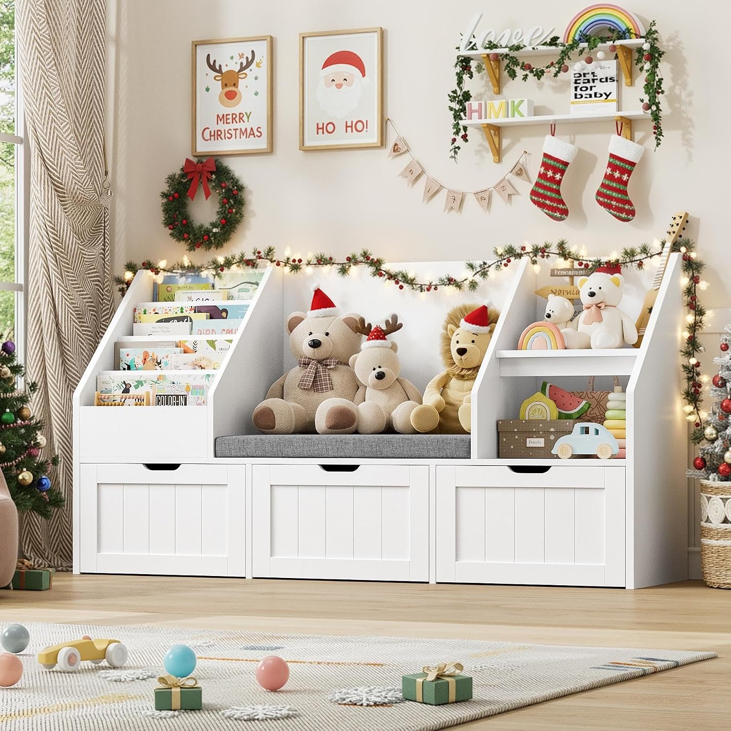 FOTOSOK Kids Bookshelf with Reading Nook, Toy Storage with Seat Cushion | 55.1” Toy Storage Organizer with 3 Movable Drawers, Kids Reading Nook with Bench for Playroom, Bedroom, White