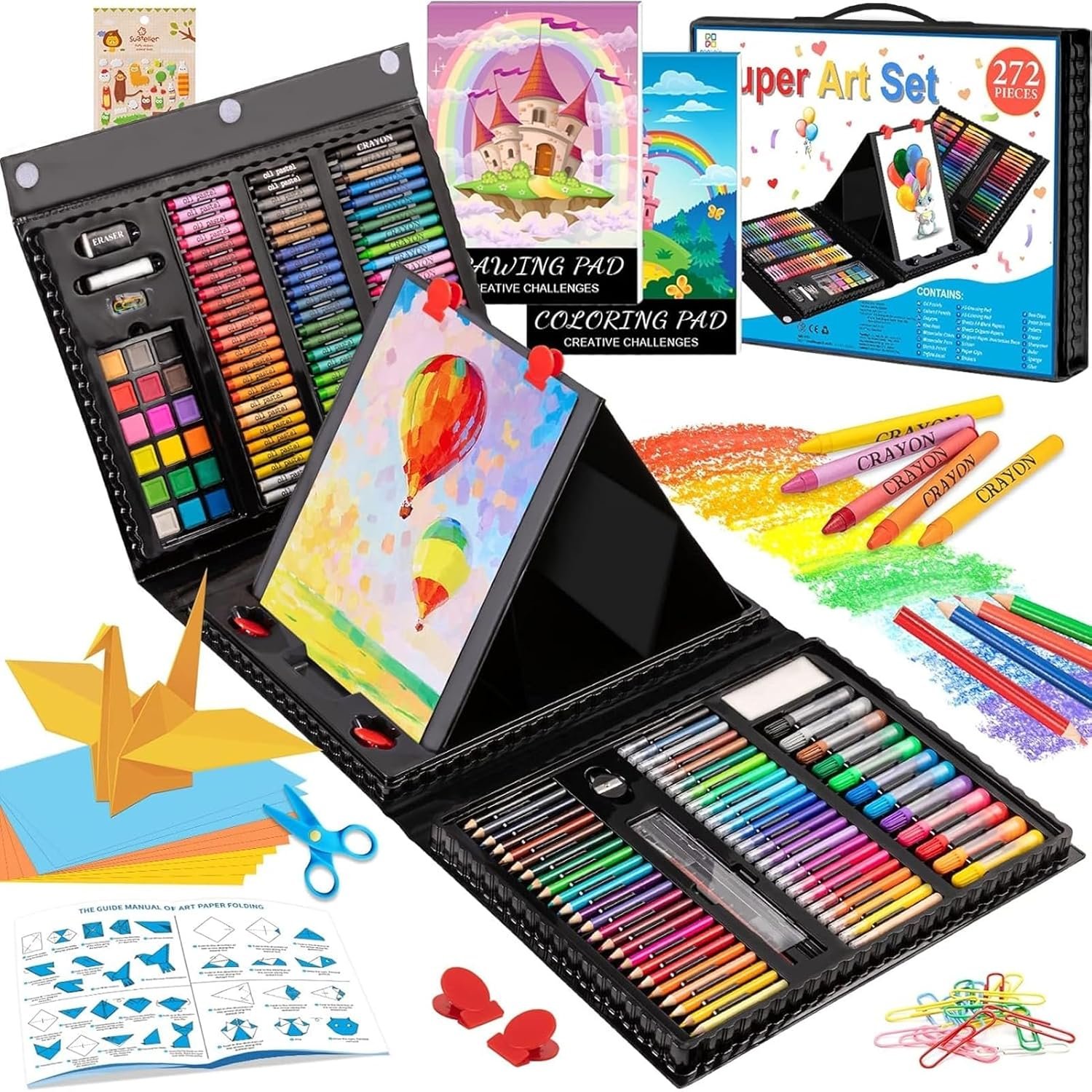 Art Supplies, 272 Pack Art Set Crafts Drawing Kit for Kids Girls Boys Teens | with Double Sided Trifold Easel, Origami Paper Set, Coloring Book, Drawing Pad, Pastels, Crayons, Pencils, Watercolors