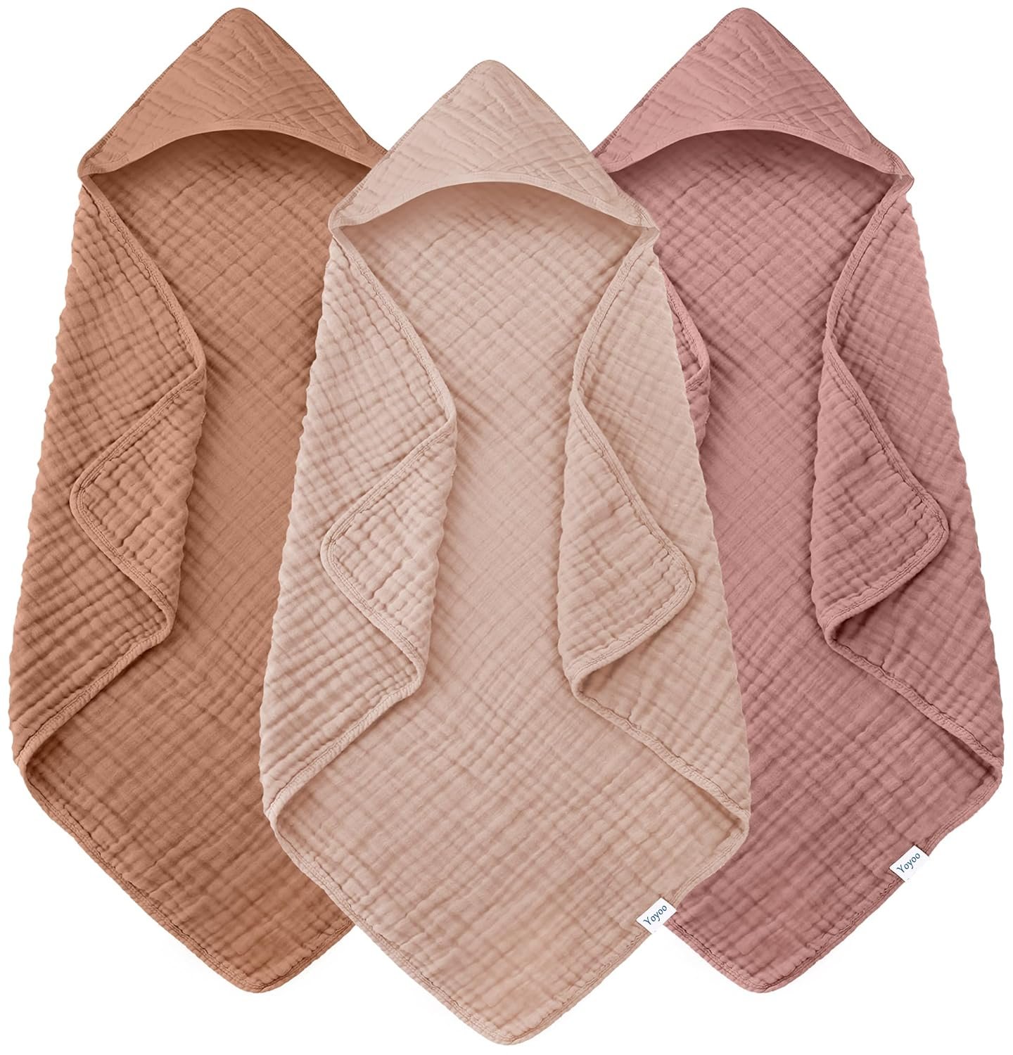 Muslin Hooded Baby Bath Towels – 3 Pack 100% Cotton Ultra-Soft Towels for Newborns, Infants, Toddlers – 32×32 Inch – Highly Absorbent, Quick-Dry Essentials for Bath, Beach, Pool, Bean Paste Series