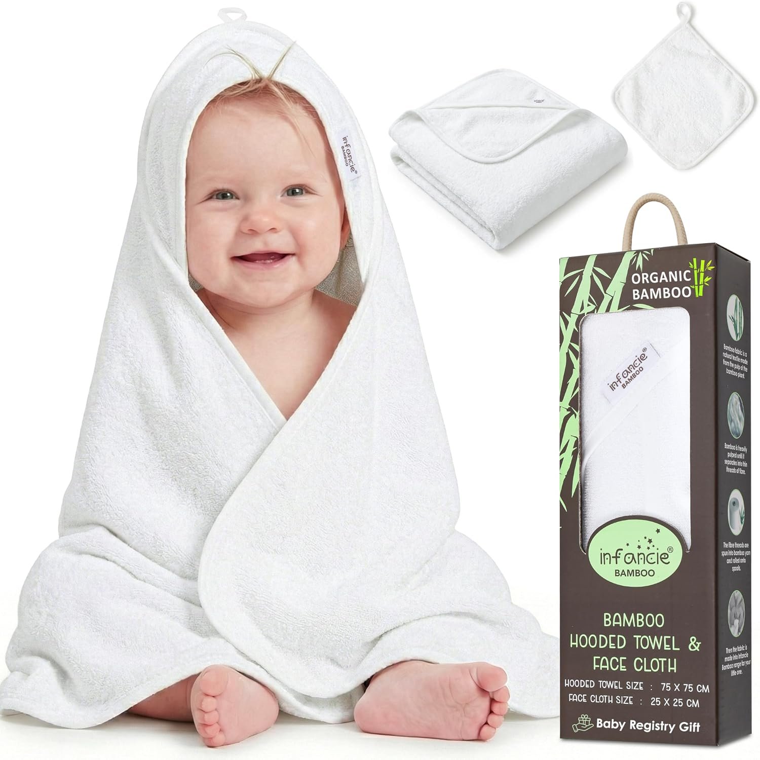 Oeko TEX Bamboo Viscose 1 Hooded Baby Towels 30×30 in & 1 Washcloth Infant | Oeko-TEX Certified, Bath & Hooded Towels,30×30 Inch In Baby Washcloths, Baby Wash Cloths 10×10 In, White, Unisex Design,