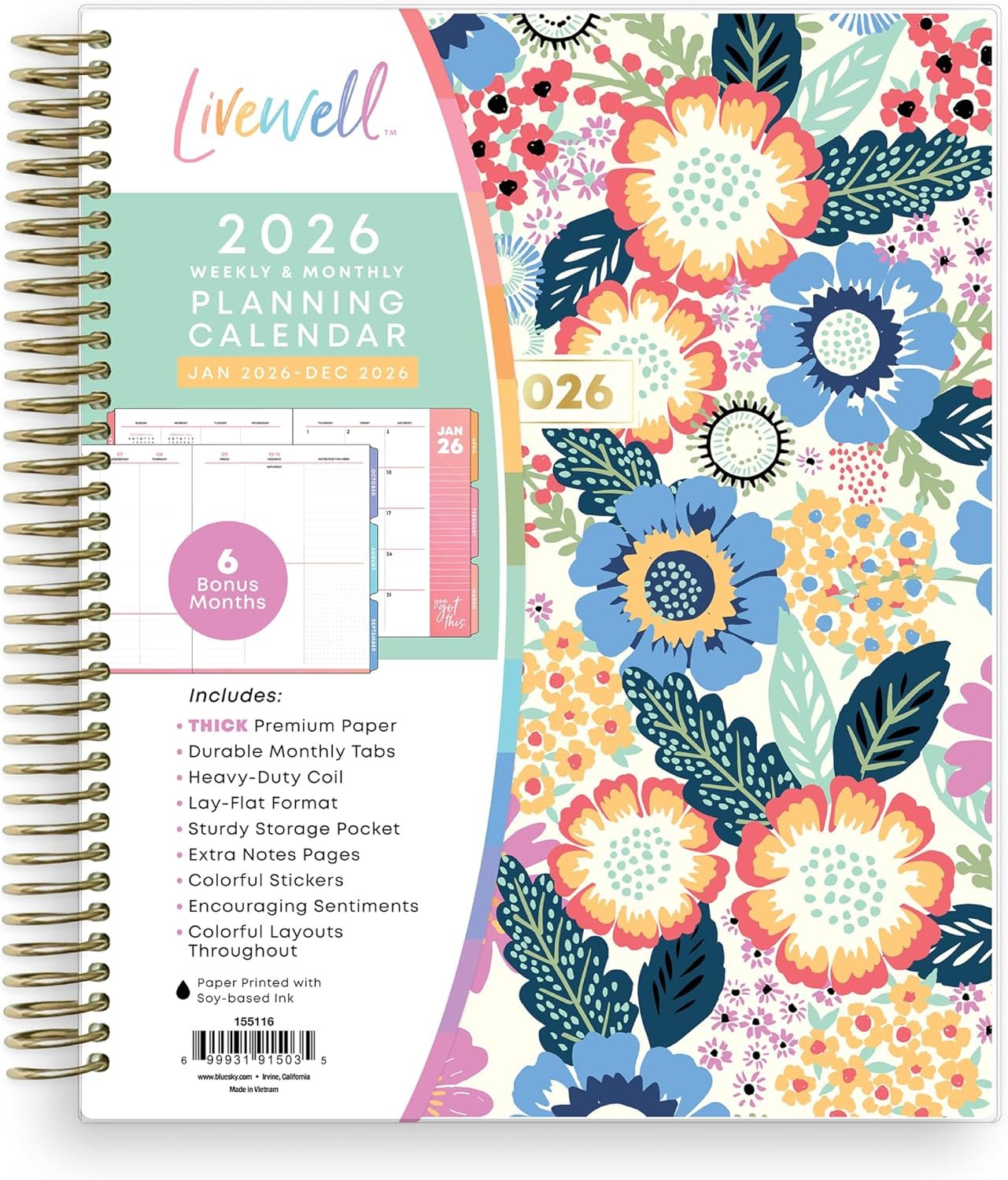 Blue Sky LiveWell 2026 Weekly & Monthly Planner Calendar, 7″x9″, Charmie | January 2026 – December 2026, Glossy Laminated Cover, Durable Coil Binding, Colorful Pages, Storage Pocket, Stickers