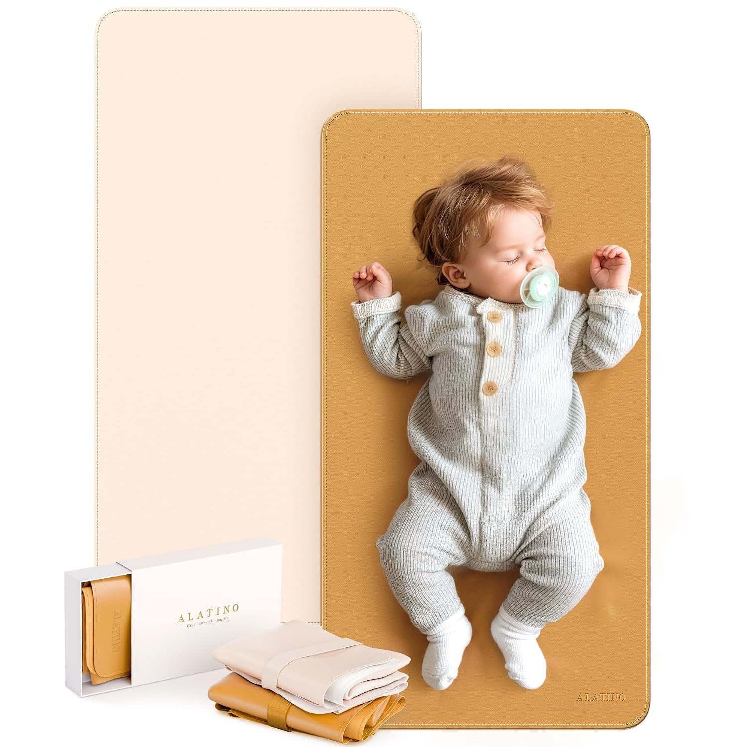 2 Pack Vegan Leather Baby Changing Mat, Large 30″ x 17″ Waterproof Foldable Diaper Mat, Wipe-Clean Portable Changing Pad for Travel, Home & Diaper Bag, Baby Shower Gifts for New Moms (Beige & Brown)