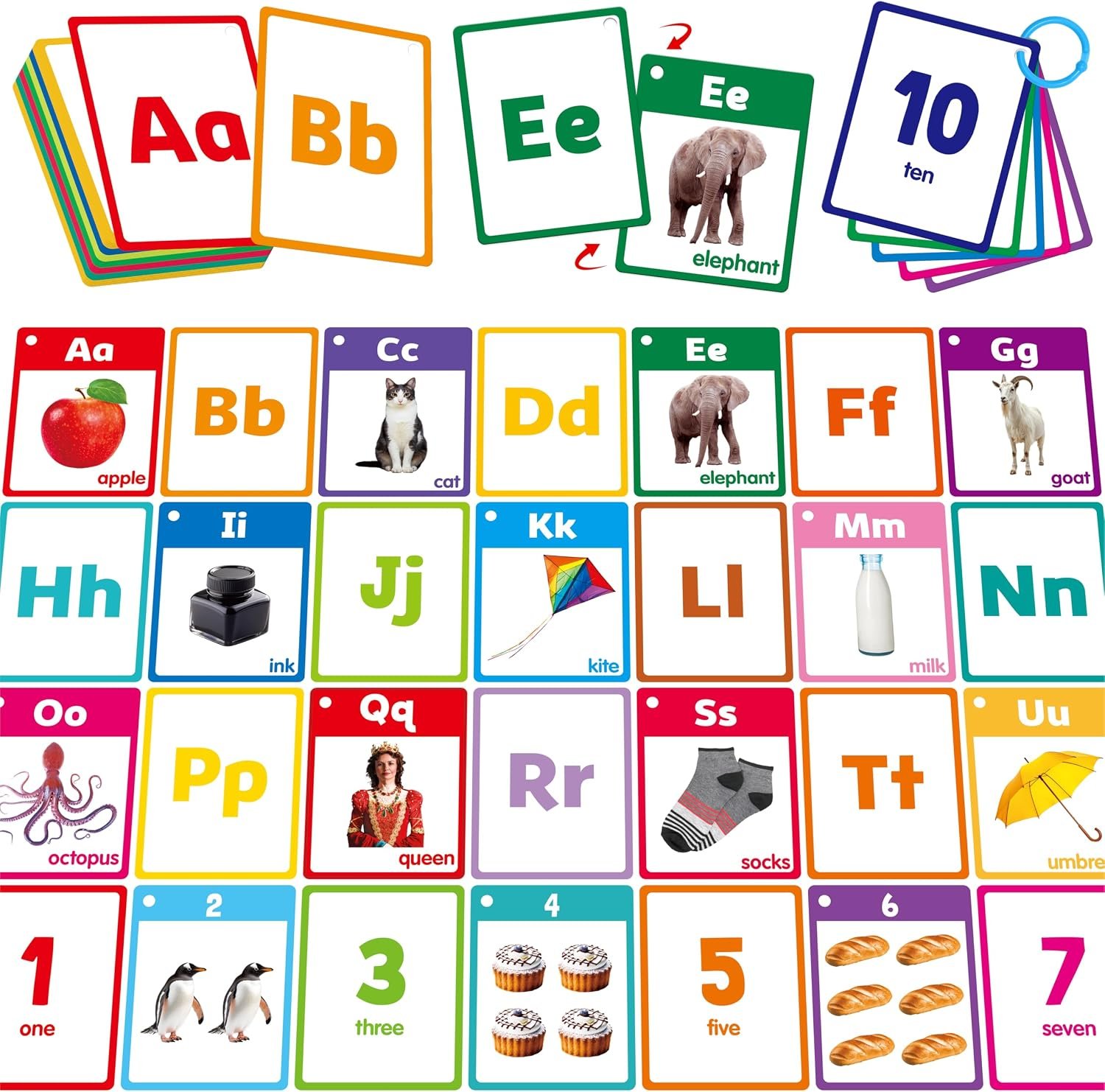 Alphabet & Number Flashcards, 36 Double-Sided Cards Uppercase & Lowercase Letter Cards, ABC, 123 & First Words Learning Cards for Preschool and Toddlers Learning (1 Reclosable Rings Attached)