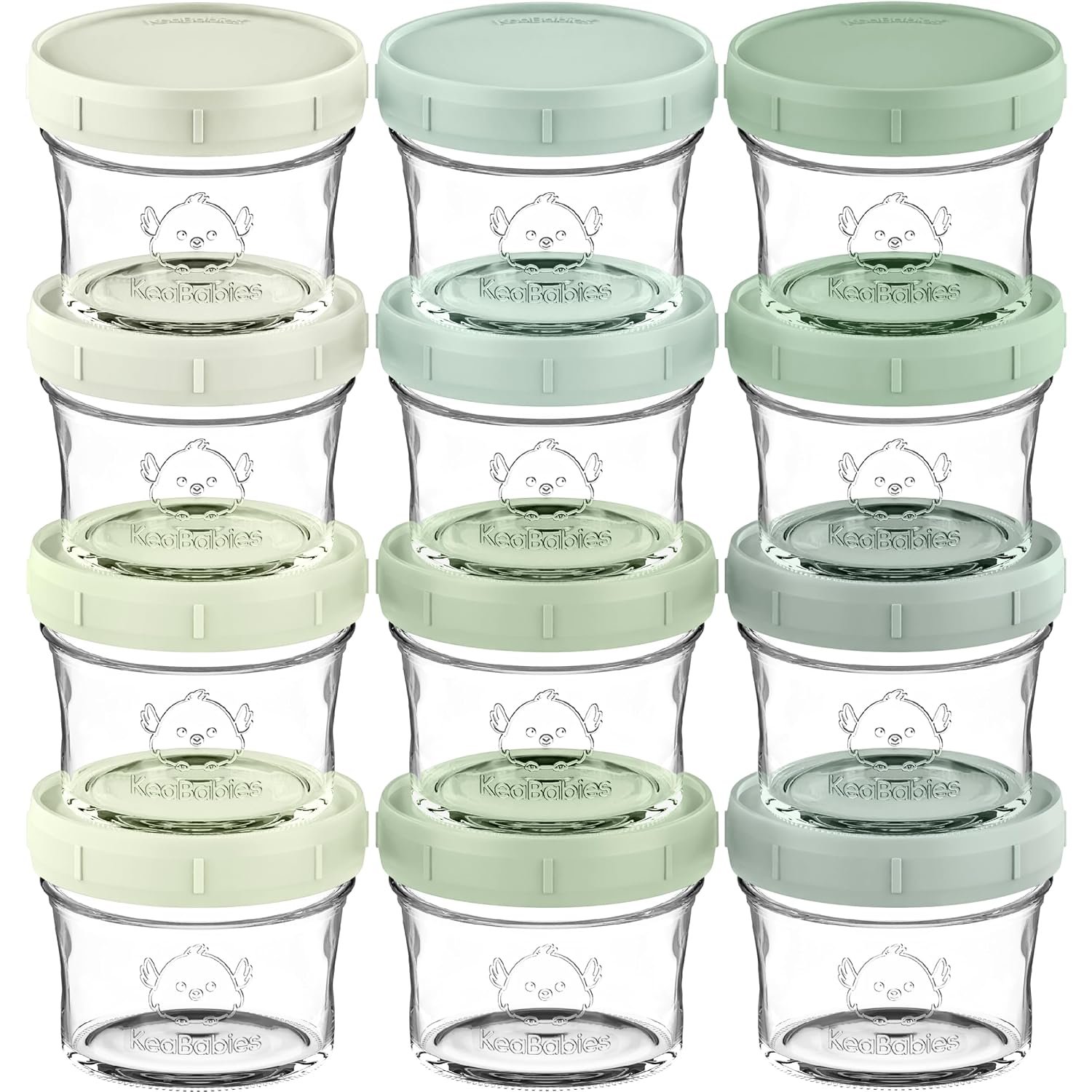 KeaBabies 12pk 4oz Glass Baby Food Containers with Lids, Leak-Proof (Sage) | Microwavable Small Glass Jars, Baby Purees, Toddler Snack Storage Containers, BPA-Free, Dishwasher-safe, Freezer Safe