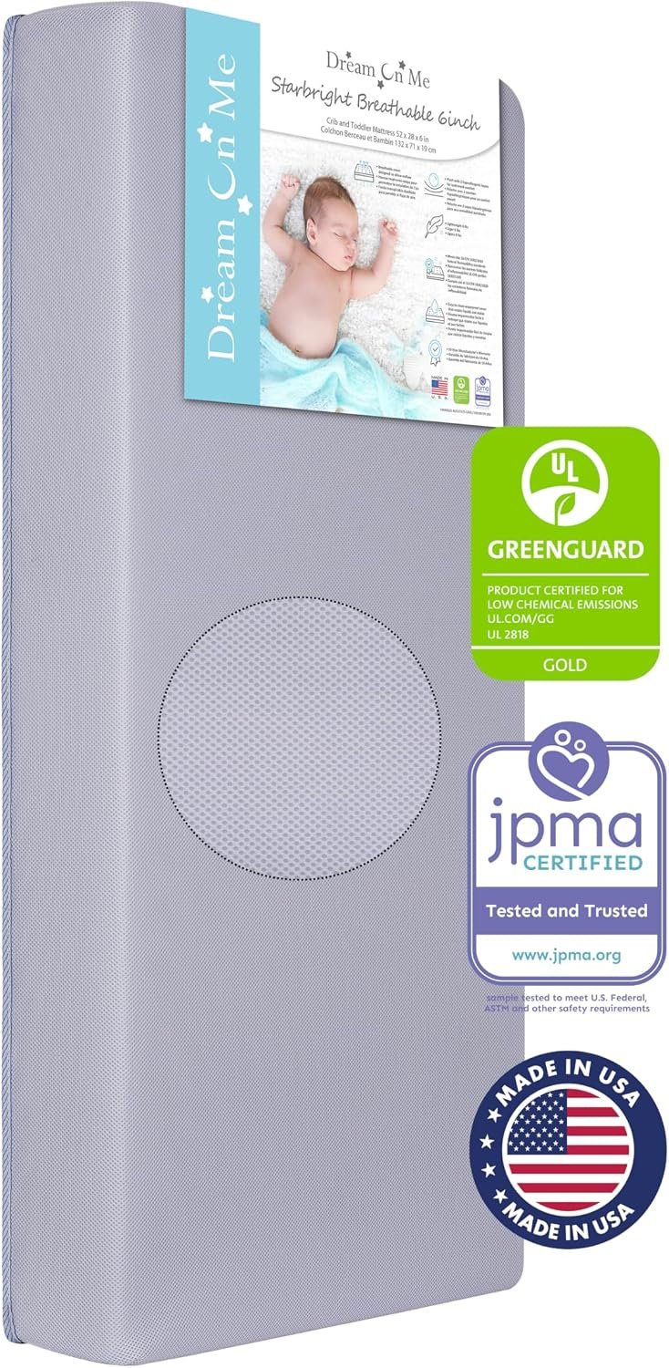 Dream On Me Starbright Breathable Fiber Crib and Toddler Mattress, Greenguard Gold Certified, Soft 3D Mesh Water & Stain Resistant Cover – Periwinkle