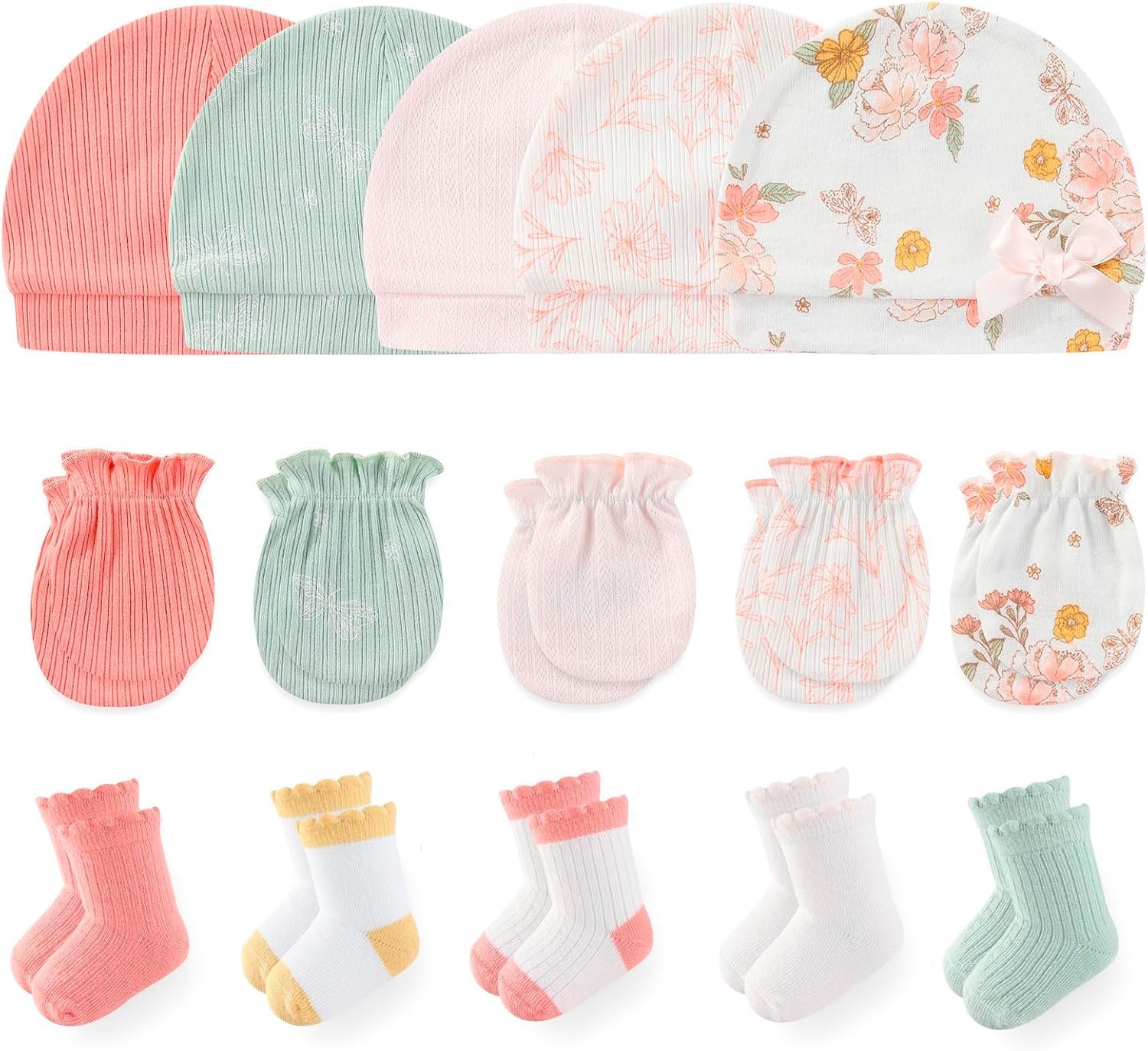 MAMIMAKA Newborn Baby Boy Girl Caps Mittens Socks Set Cotton Baby Essentials Accessories (Hats+Gloves+Socks)