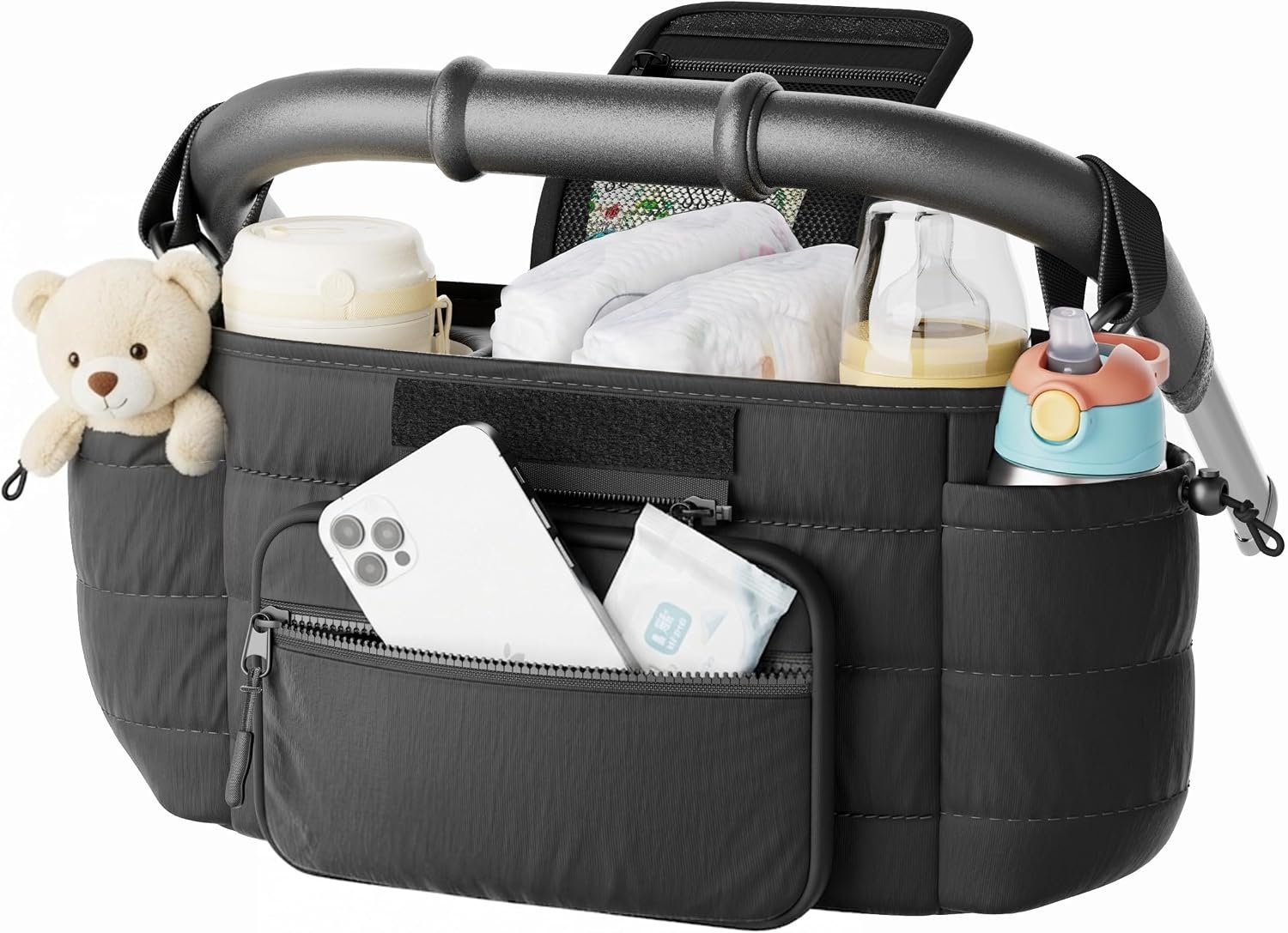 Stroller Caddy with Cup Holder & Detachable Phone Bag, Black | Large Capacity Storage • Detachable Phone Pouch • Dual Insulated Holders • Fits Most Strollers • Easy Setup