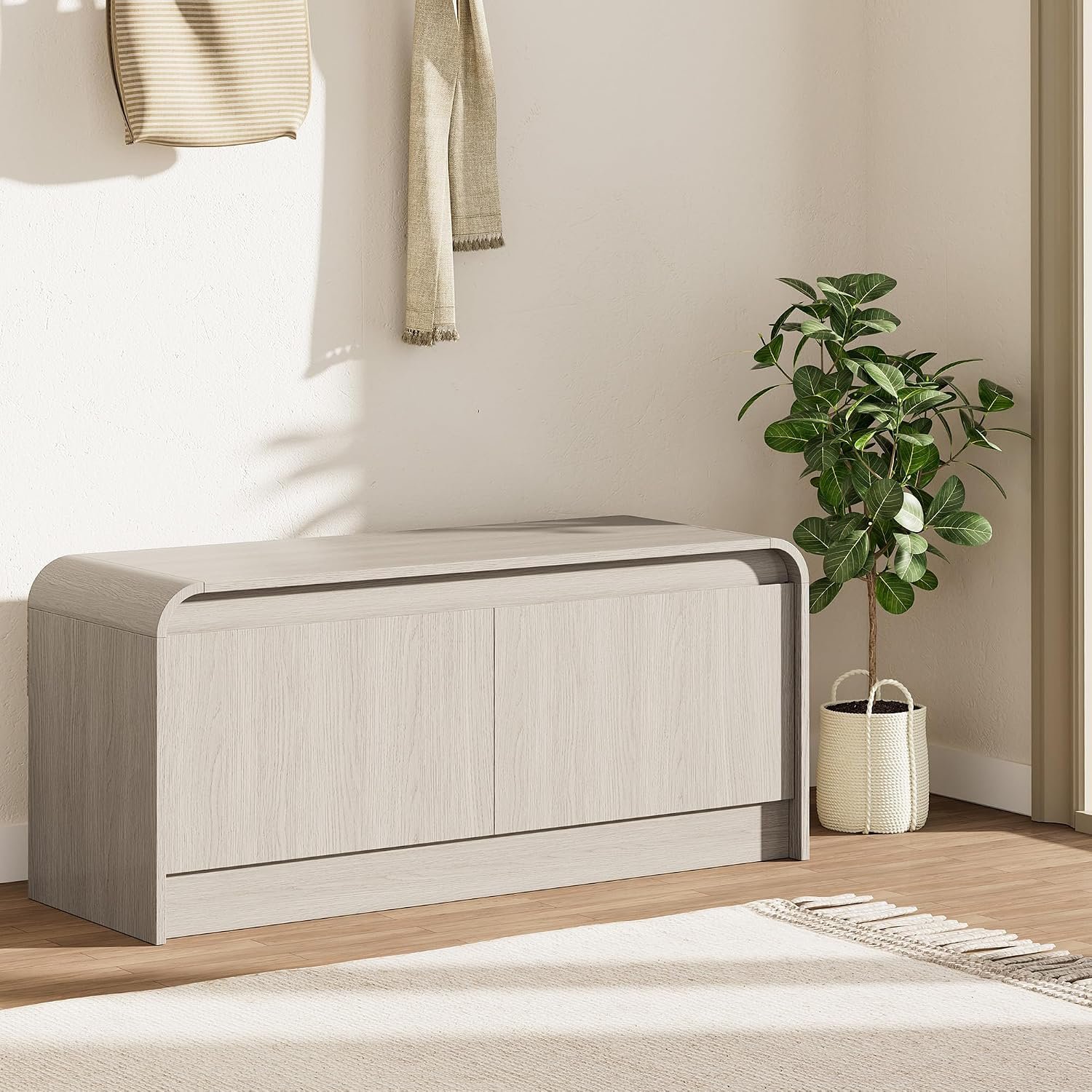 Homleke Modern Curved Entryway Shoe Storage Bench | 39.4″ Wooden Shoe Cabinet with Doors, Hidden Handle Design, Holds 8 Pairs, for Bedroom & Living Room, Light Gray Oak