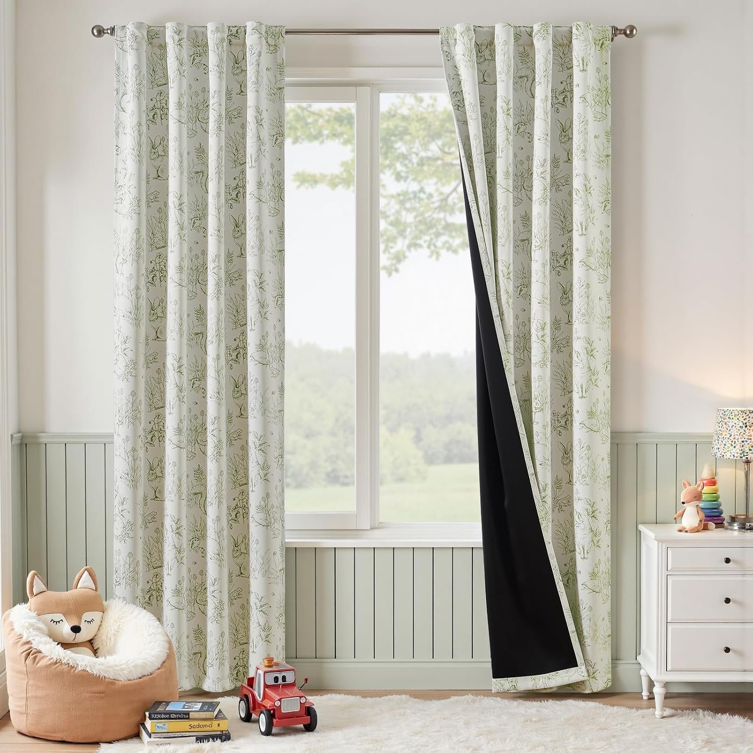 jinchan Green Blackout Curtains W38xL84 Whimsical Back Tab 2 Panels | Room darkening,nursery kids bedroom,privacy,whimsical,cottagecore,bunny pattern,botanical,nature-inspired decor