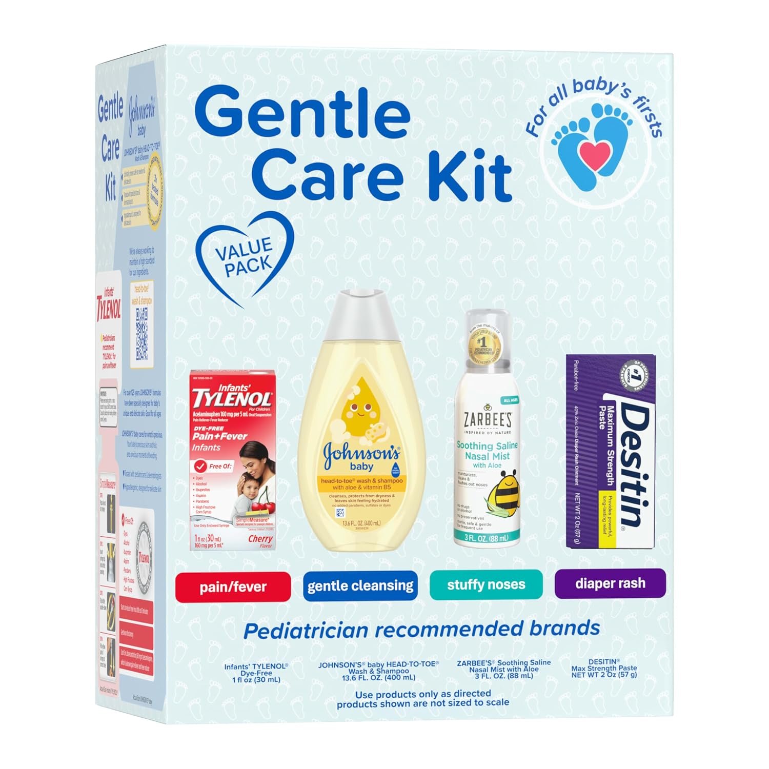 Johnson’s Baby Gentle Care Kit, Baby Skin Care, 4 Items, Includes Desitin Maximum Strength Paste, Infants’ Tylenol, Fever Reducer, Johnson’s Baby Head-to-Toe Baby Wash, Zarbee’s Soothing Saline Mist