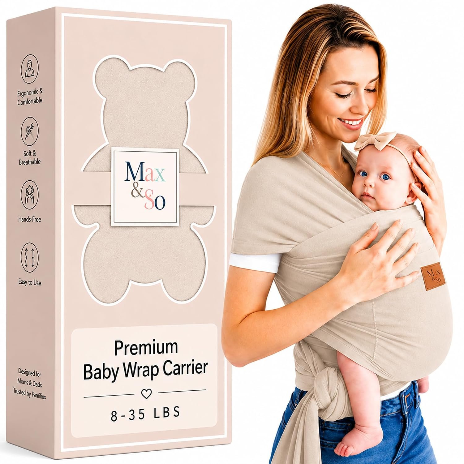 Baby Wrap Carrier – Breathable Cotton Newborn to Toddler Carrier 8-35 lb – Secure Postpartum Baby Holder with Front Pocket by Max&So (Grey)