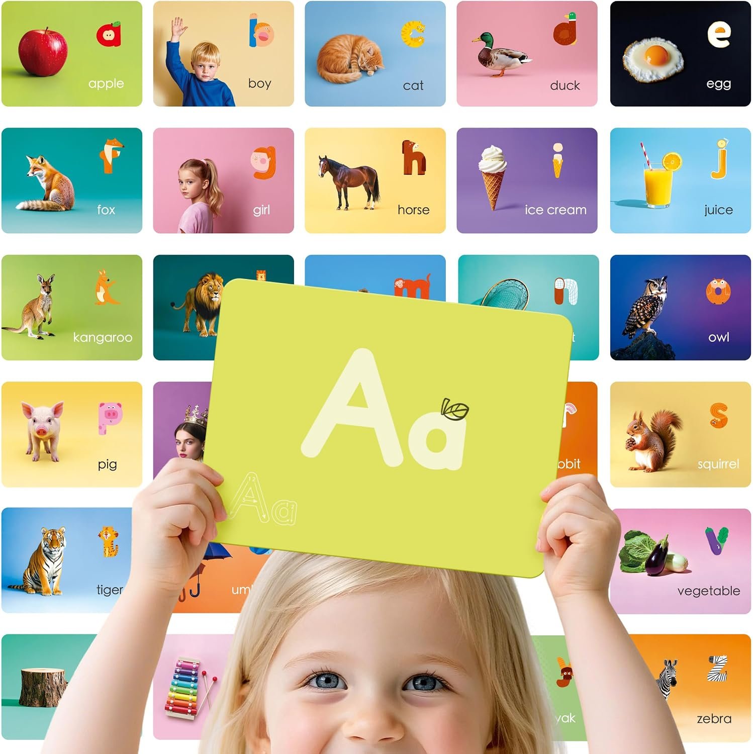 Dotimo Alphabet Picture Mnemonic Cards, 26 Uppercase & Lowercase Letter Learning Cards for Kids Letter Cognition, ABC Montessori Early Learning Tool for Toddlers, Classroom & Home Activity